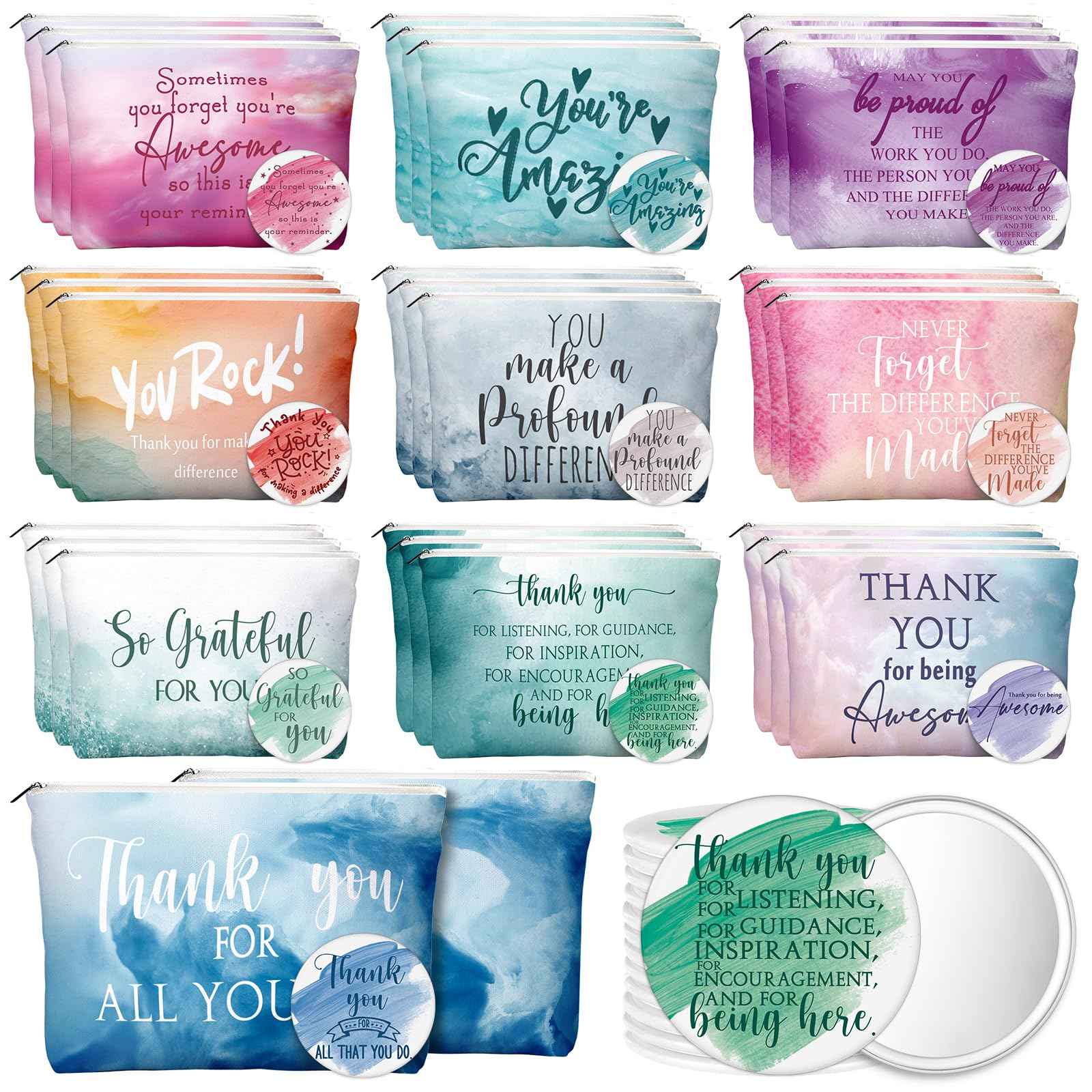 Vercraft 60 Pcs Employee Appreciation Gifts Inspirational Canvas Makeup Bags Compact Mirror Bulk Cosmetic Bags Portable Mirror Thank You Gifts for Women Christmas Nurse Practitioner (Appreciation)