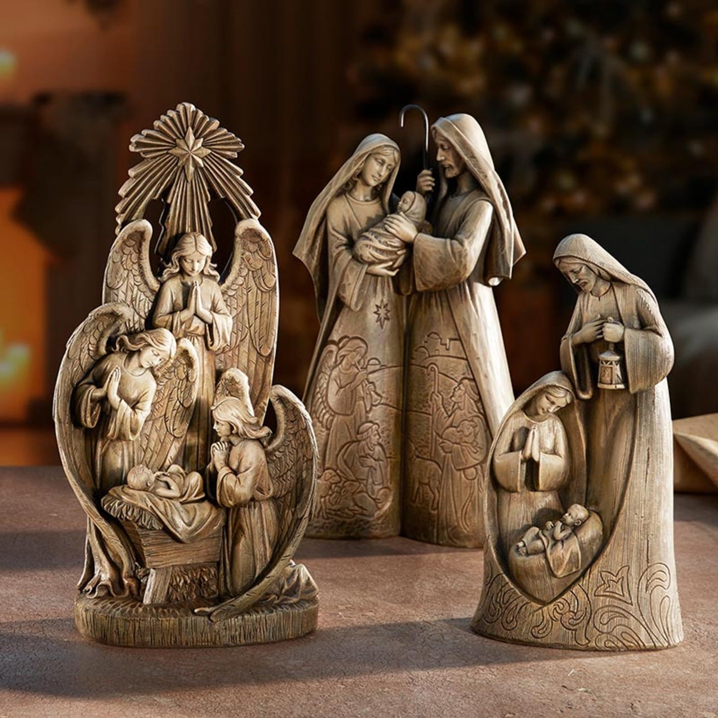 Avalon Gallery Christmas Figurines - Carved Wood Look Joseph Mary and Jesus Tabletop Nativity Figurine, 10-Inch, Holy Family