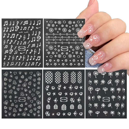 5 Styles Nail Art Stickers Relief Sculpture 5D Nail Decals for Nail Art, 2 Colors for Heart,Star,Shell,Music Symbols,Dandelion Shape Self-Adhesive Nail Stickers for Nail Charm Decoration DIY Kit