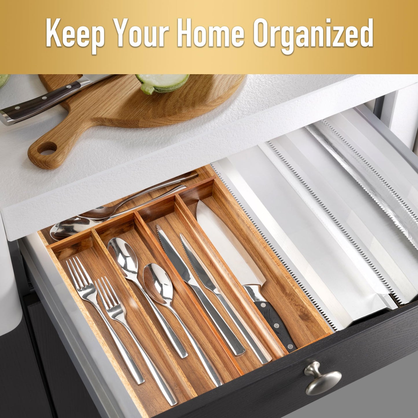 Besilord Silverware Organizer Kitchen Drawer Organizer Utensil Organizer Acacia Silverware Holder Cutlery Organizer in Drawer Flatware Organizer Tray(5 slots, Acacia