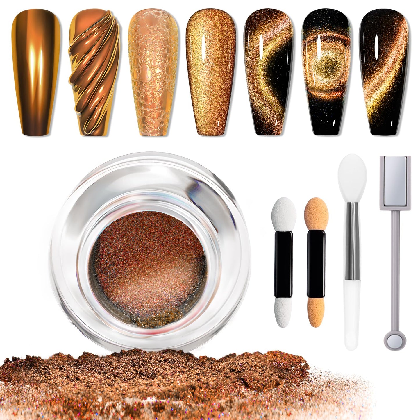 MIZHSE 9D Cat Eye Chrome Nail Powder Mirror Effect Gold Orange Fall Magnetic Glitter Pigment Powder for Gel Nails Chameleon Cateye Magic Galaxy Nail Art Powder with Magnet