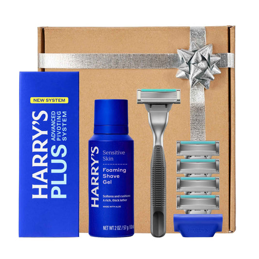 HARRY'S PLUS: Shaving Kit for Men – Gift Box with Premium Handle, 5 Razor Blade Cartridges, 2 oz Foaming Shave Gel & Travel Cover, Advanced Pivoting System – Onyx