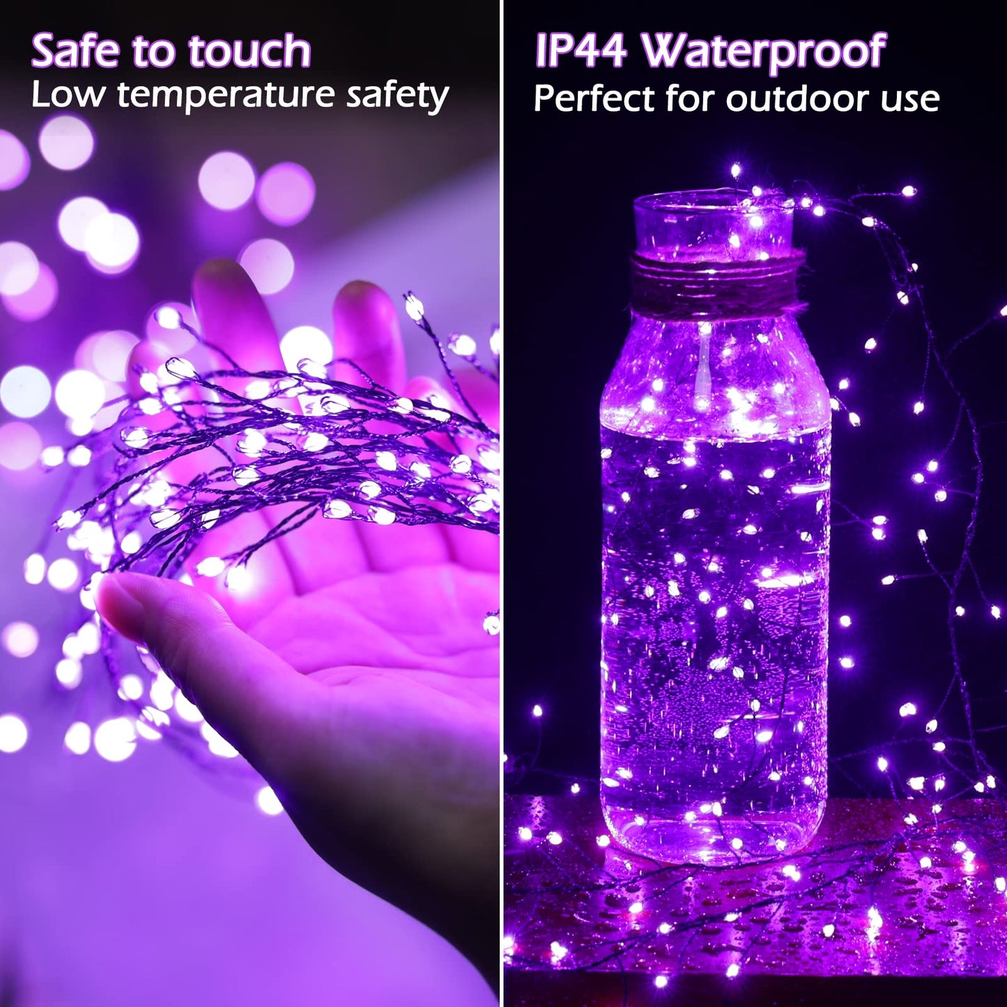 Halloween Fairy Lights Plug in, 10Feet 200 LEDs Firecracker String Lights with Remote, Waterproof Cluster String Lights for Ceiling Bedroom Wreath Window Bar Haunted Theme Halloween Decoration, Purple