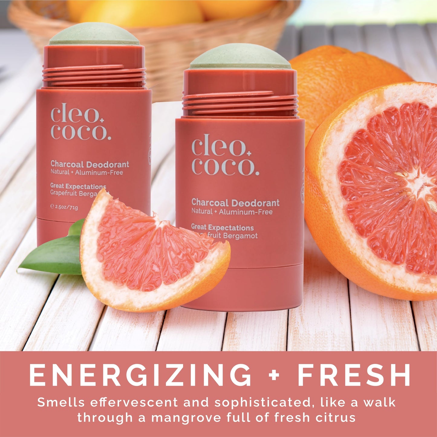 Cleo+Coco Natural Deodorant for Women & Men, Aluminum Free Organic Coconut Oil, Activated Charcoal for 24-Hour Odor Protection, Made in USA - Great Expectations Grapefruit Bergamot (2-Pack) 2.5 oz