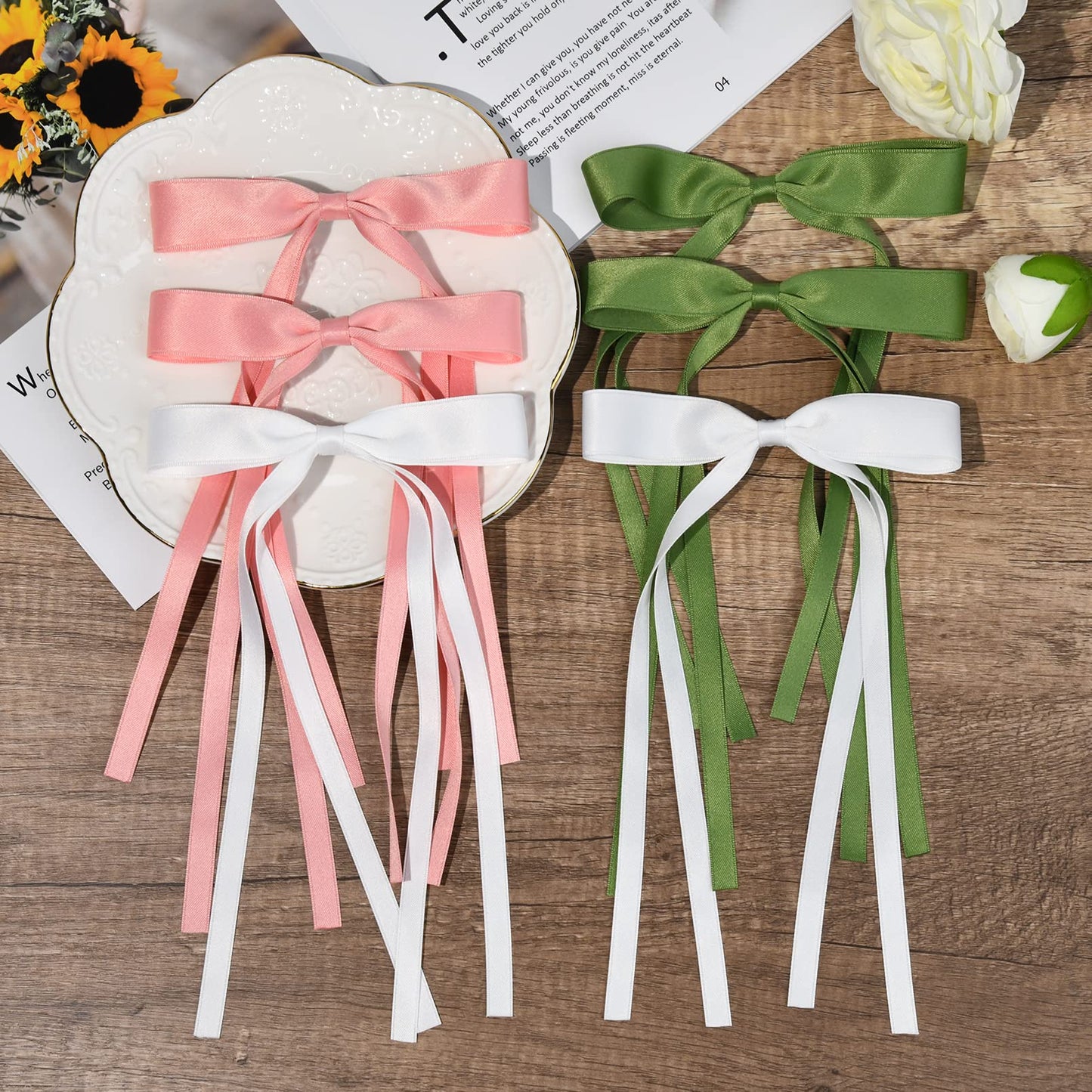 6PCS Hair Bows for Women Hair Clip Hair Tassel Hair Ribbon Ponytail Holder Accessories Slides Metal Clips Barrettes Girls Toddlers Teens Green Pink White