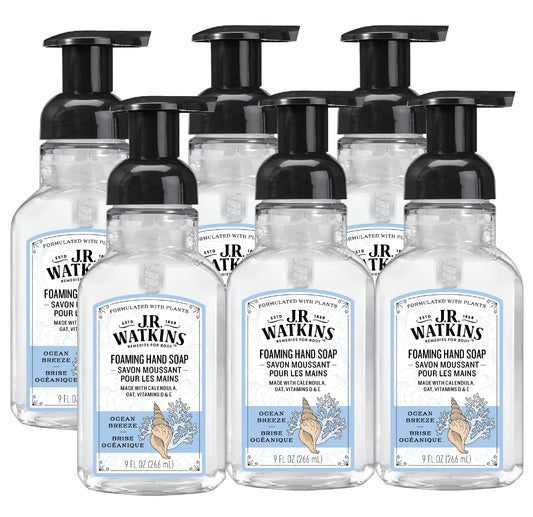 J.R. Watkins Foaming Hand Soap For Bathroom or Kitchen, Scented, USA Made And Cruelty Free, 9 Fl Oz, Ocean Breeze, 6 Pack