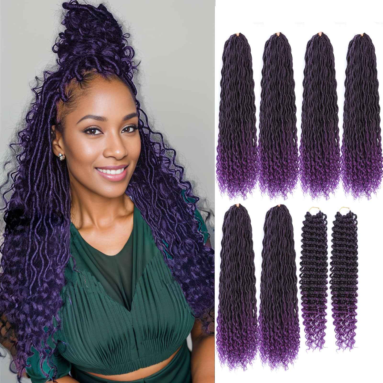 Purple Boho Goddess Locs Crochet Hair 8 Packs 22 inch River Locs Crochet Hair Boho Faux Locs Crochet Braids with Curly Ends(T1B/Purple#)