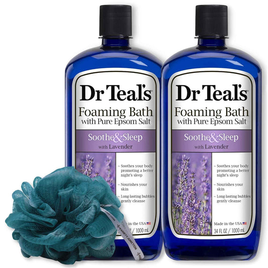 Dr. Teal's Lavender Foaming Bath 34 oz (Pack of 2) with Variety Junction Premium Bath and Shower Sponge, Soothing & Relaxing, Bubble Bath, Soaking Bath, Men's and Women's, Clear