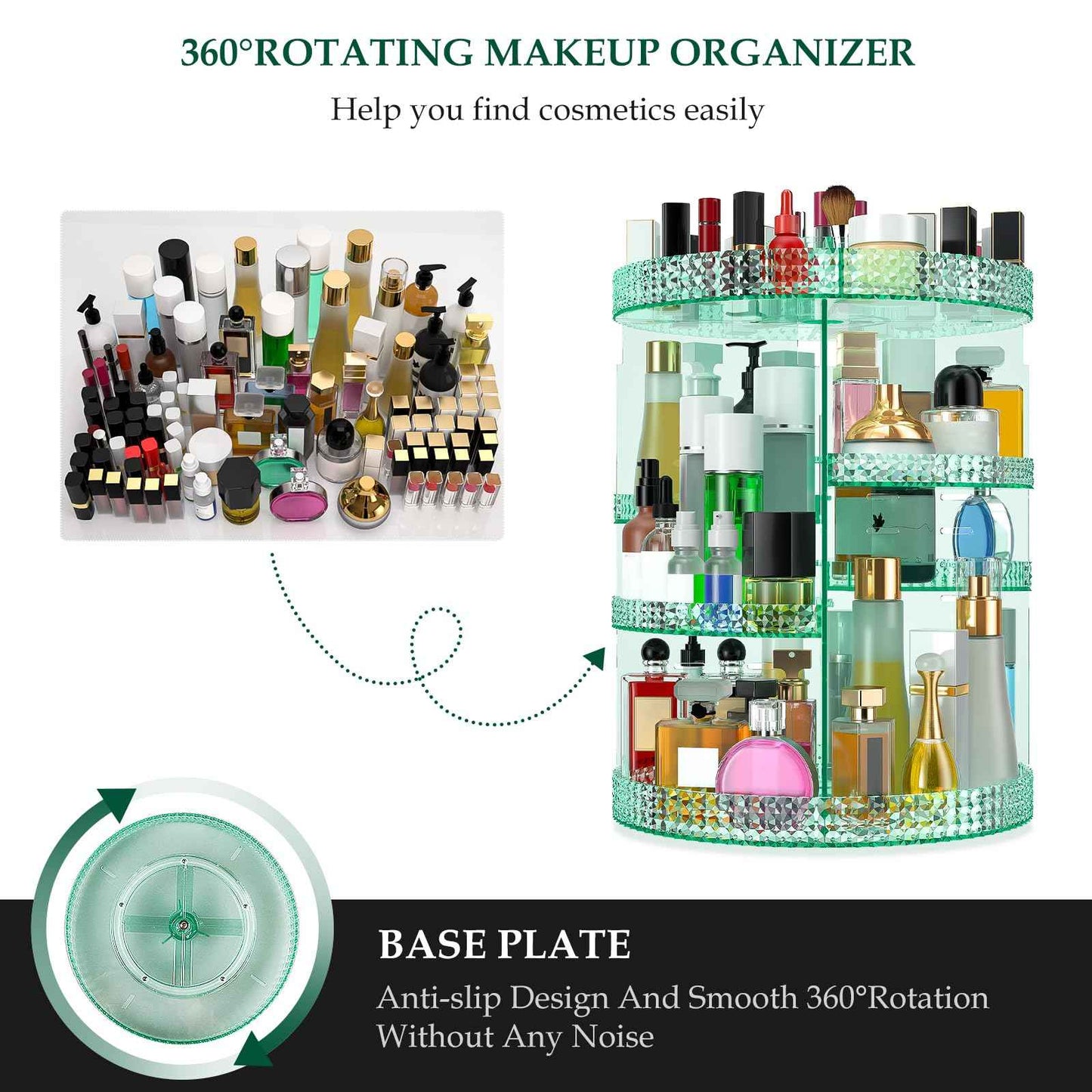 HEMTROY 360 Degree Rotating Makeup Organizer, Extra Large Capacity Organizador De Maquillaje, Removable DIY 7 Layers Cosmetics Organizer, Acrylic Perfume Organizer for Vanity Countertop (Green)