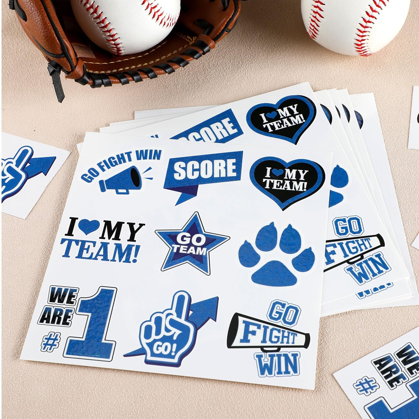 Colarr 180 Pcs Team Spirit Temporary Tattoo 2", 1.5" Face Body Paw Go Team Cheer Tattoo Removable Glitter School Spirit Stickers for Classroom Cheerleading Teams Carnival Sports Games (Blue, Black)