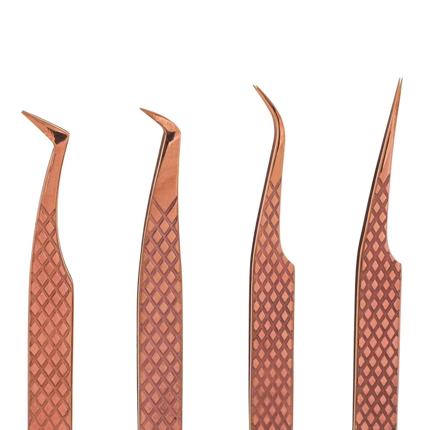 M LASH Eyelash Extension Tweezers (Set of 4) - Professional & Precision Lash Tweezers for Eyelash Extensions - Japanese Steel, Diamond Grip, Fiber Tip (Rose Gold)