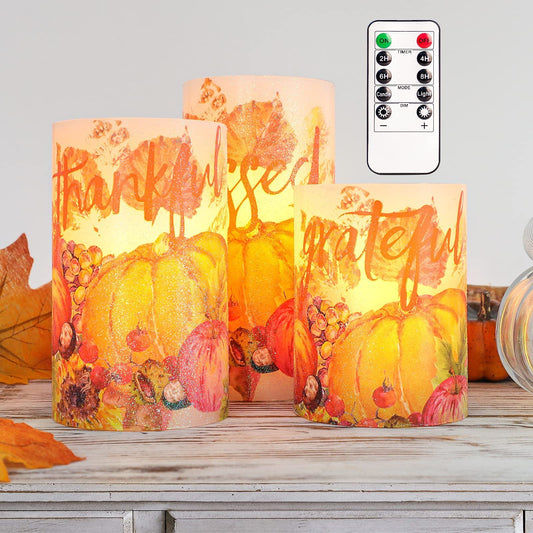 REVELBUNNY Thanksgiving Flameless Candles Maple Leaf Pumpkin LED Candles with Remote Timer Battery Operated Pillar Candle for Thanksgiving Autumn Harvest Halloween Party Decorations - Set of 3