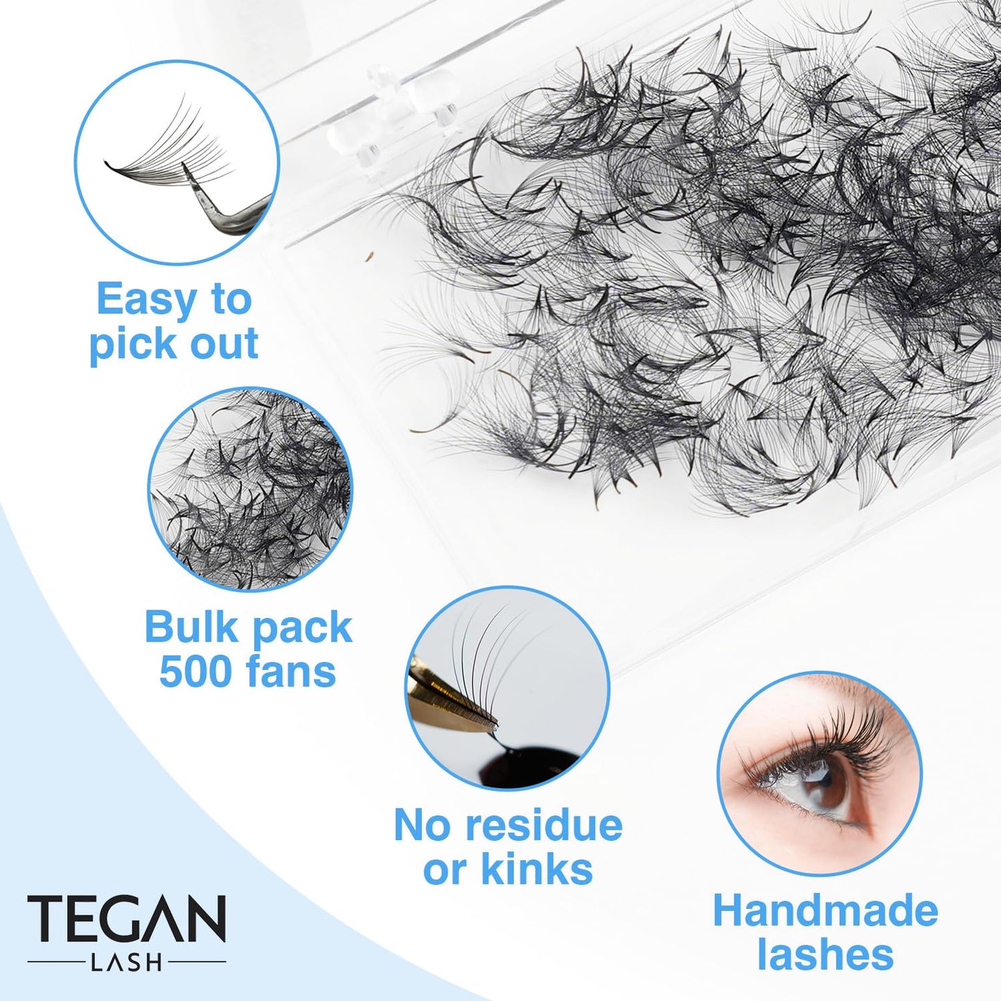 TEGAN LASH 500 Promade Fans Volume Eyelash Extensions, Handmade Loose False Eyelashes, From 3D - 16D, 0.03/0.05/0.07 Thickness, C/CC/D Curl, 9-15mm Length, Pestanas Pelo A Pelo (5D-0.07-C-13)