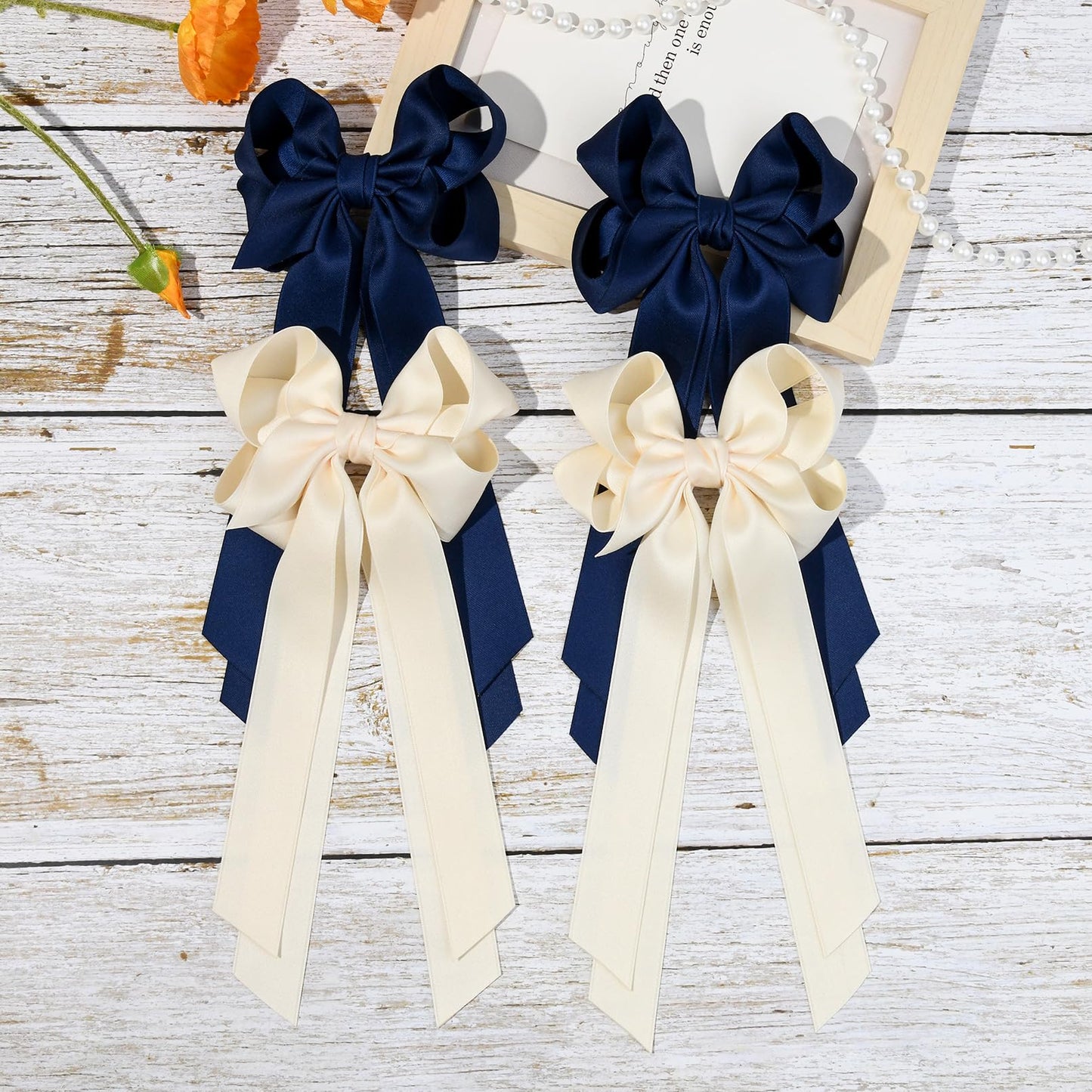 Aileam 4PCS Hair Bow Clips for Women Hair Accessories Beige Blue Silky Satin Ribbon with Metal Clips for Girls Toddlers Teens Kids