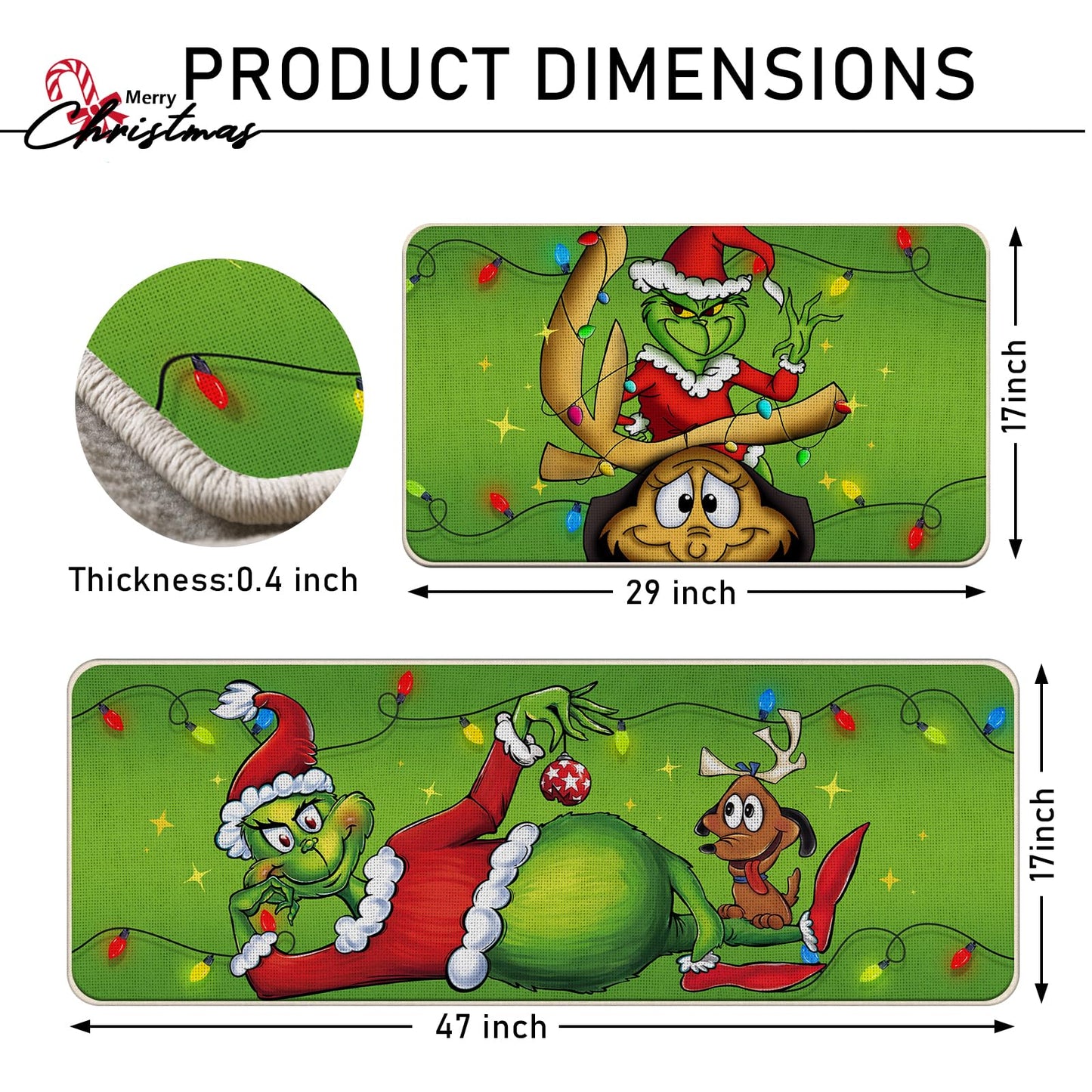 Tailus Christmas Kitchen Rugs Set of 2, Green Xmas Max Dog Kitchen Mats Decor, Funny Holiday Floor Door Mat Home Decorations -17x29 and 17x47 Inch