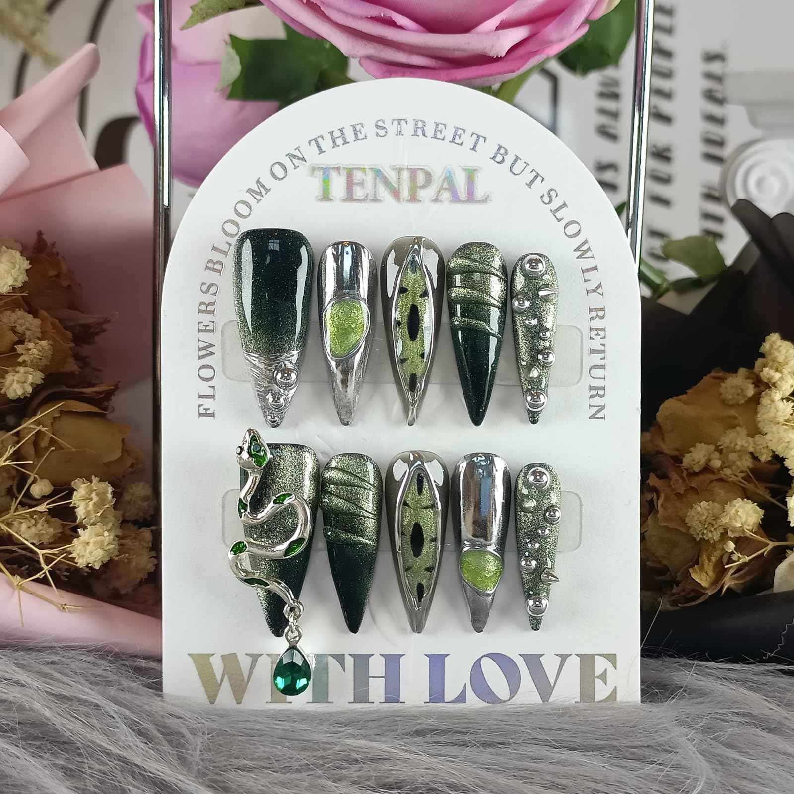 TENPAL Long Stiletto Press on Nails,Gothic Punk Green Cat Eye Nails Glow & 3D Snake with Gem,Black Silver Metallic Fake Nails Kits,10pcs Soft Gel False Nails with Steel Bead for Party Gifts(S)