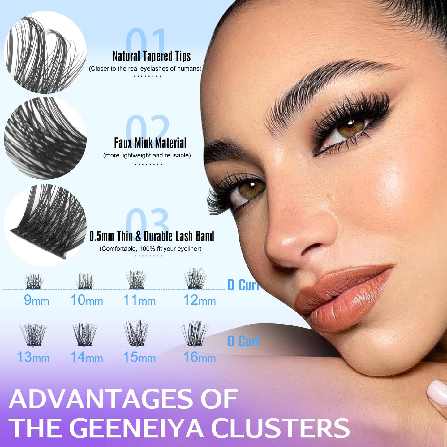 Geeneiya Mink Cluster Lashes Kit D Curl Lash Extension Kit 9-16mm Cluster Eyelash Extensions Kit Natural Individual Lashes with Waterproof Lash Bond and Seal, Lash Remover for Clusters,Tweezers(0.05D)