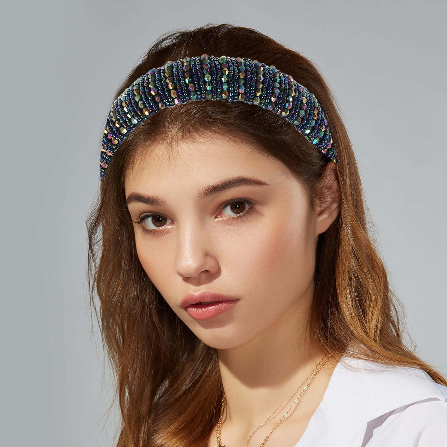 VOCOSTE Rhinestone Headbands, Crystal Embellished Headband, Diamond Bling Headbands, Handmade Dark Blue Headband, Thick Padded Headband, Sparkle Hairband, Hair Accessories for Women