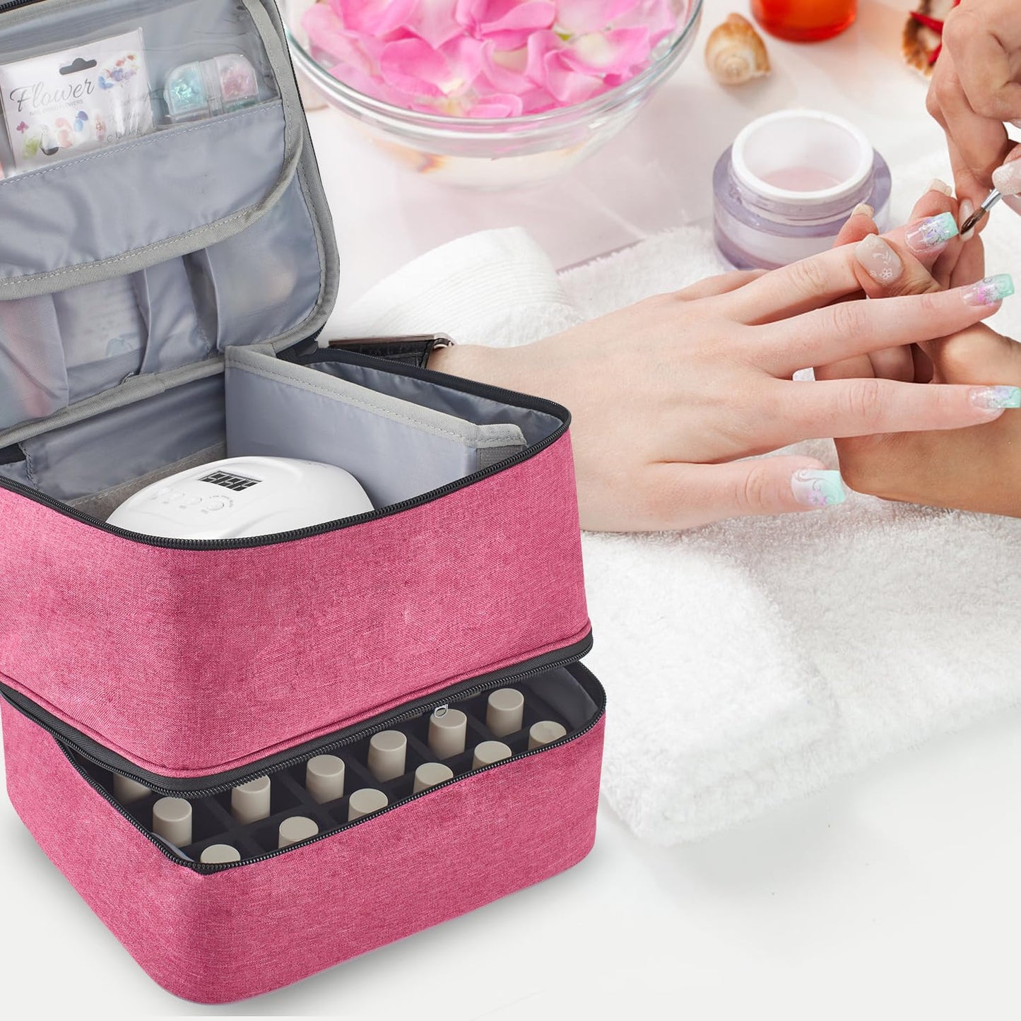 Buruis Nail Polish Organizer, Double-Layer Nail Tools and Nail Dryer Case, Holds 27 Various Size Bottles (15ml - 0.5 fl.oz or Larger), Nail Polish Carrying Case with Adjustable Dividers (Pink)