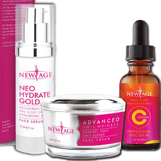 New Age Skin Care Beauty Box (Set of 3) Gift Set Vitamin C And Hyaluronic Kit Eye Serum Neo Hydrate Gold Face and Neck Serum Advanced Anti-Wrinkle Cream Anti Aging Retinol Moisturizer