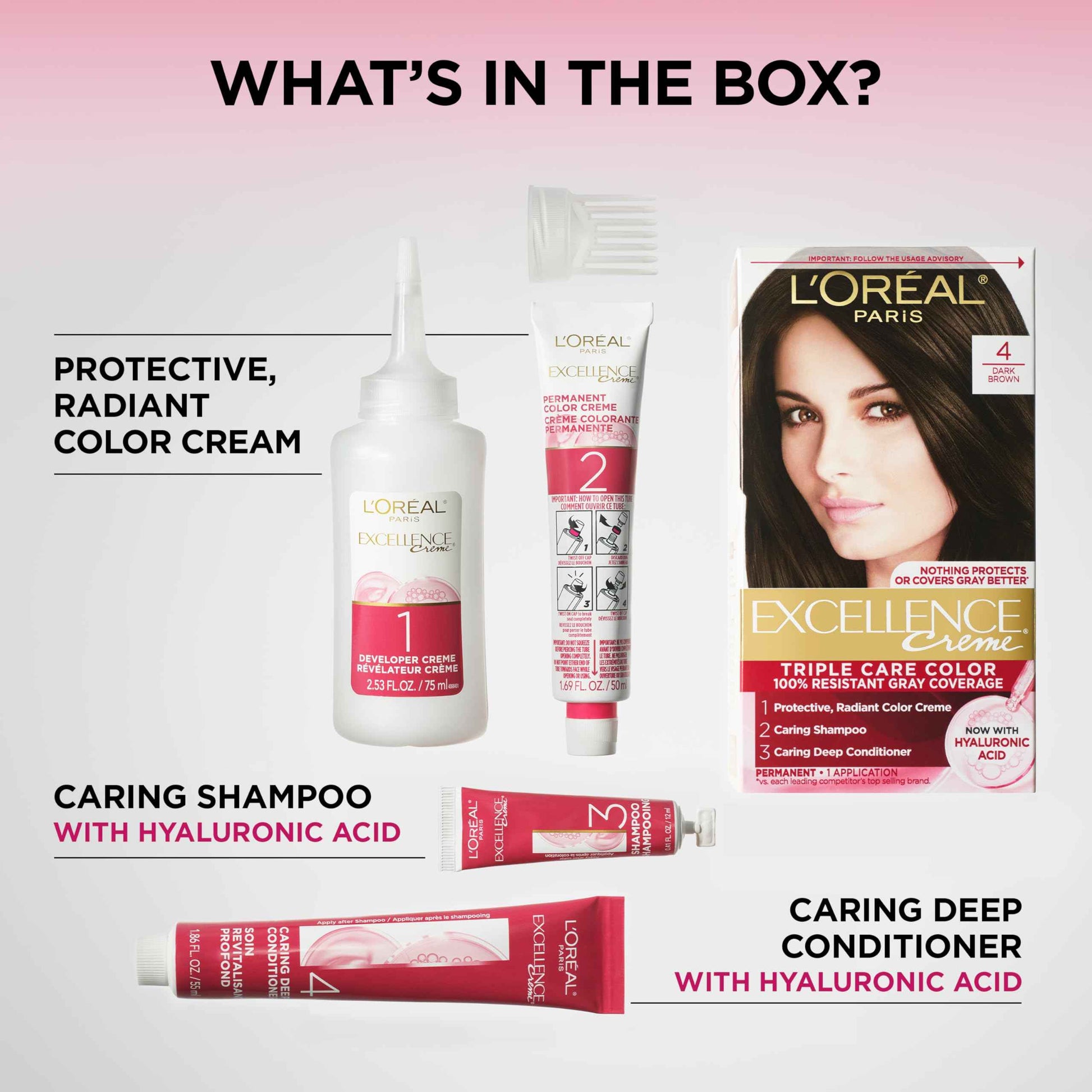 L'Oreal Paris Excellence Crème Permanent Hair Dye, Triple Care Hair Color with Pro-Keratine Complex for 100% Gray Hair Coverage, 4 Dark Brown, 1 Kit (Pack of 2)