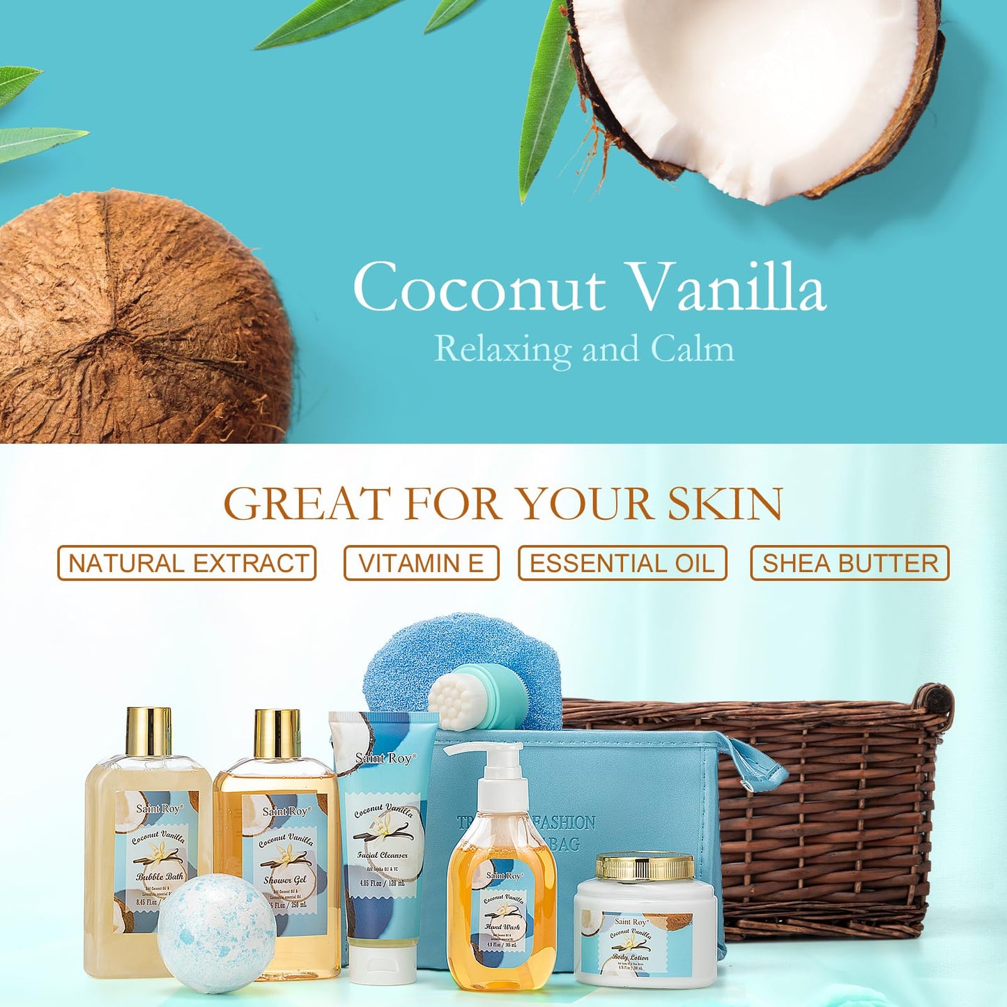 Spa Gifts for Women, Home Spa Kit Coconut & Vanilla Scents. Bath & Body Gift Set, Luxury Home Spa Bath Gift Basket, Home Spa Kit Include Bubble Bath, Body Lotion. Birthday Gifts for Women