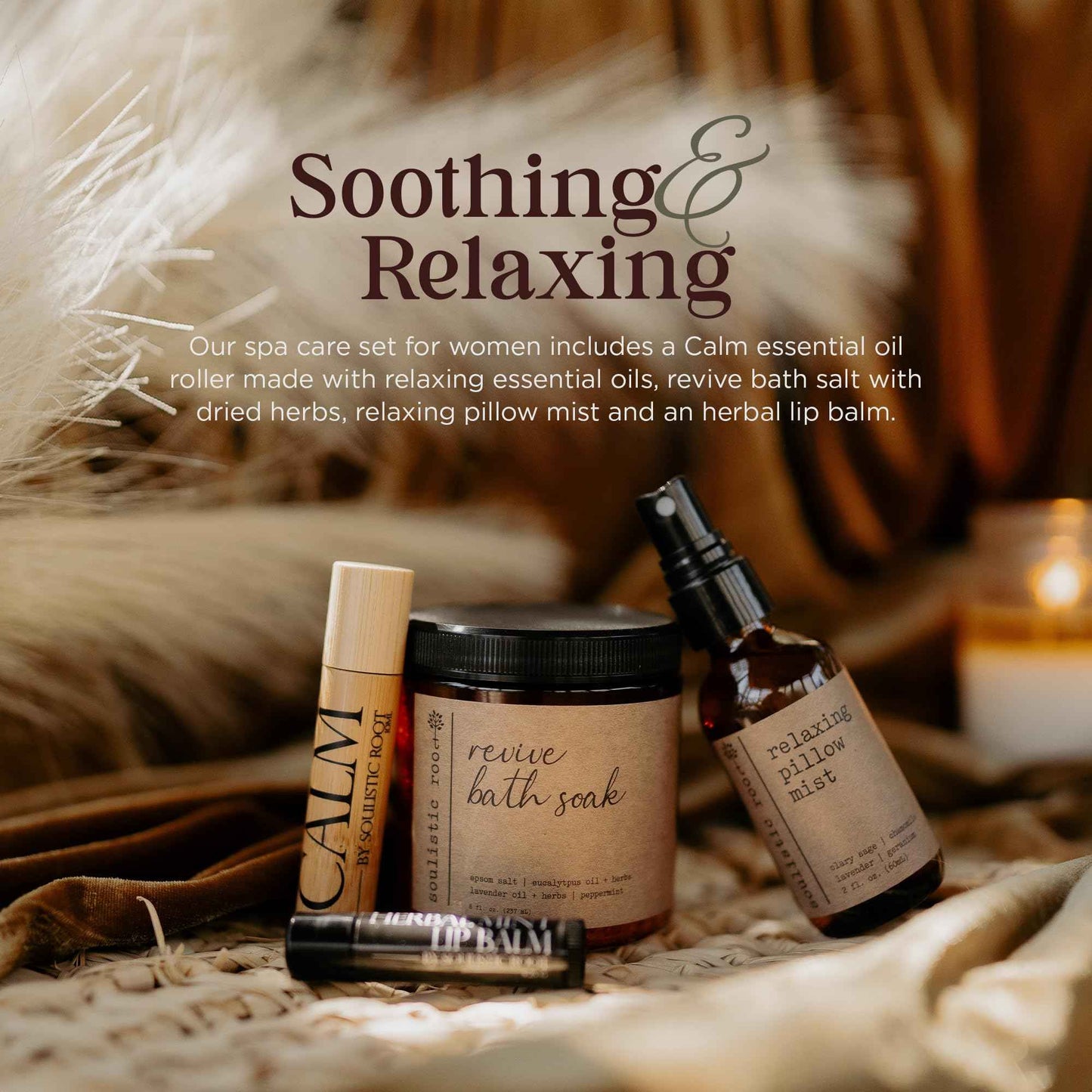 SOULISTIC ROOT Spa Kit for Women – Relaxing Self Care Gift Set with Lavender Pillow Spray, Mint Lip Balm, Calm Essential Oil Roller & Epsom Salt Bath Soak – Luxury Pampering Package for Home & Bath