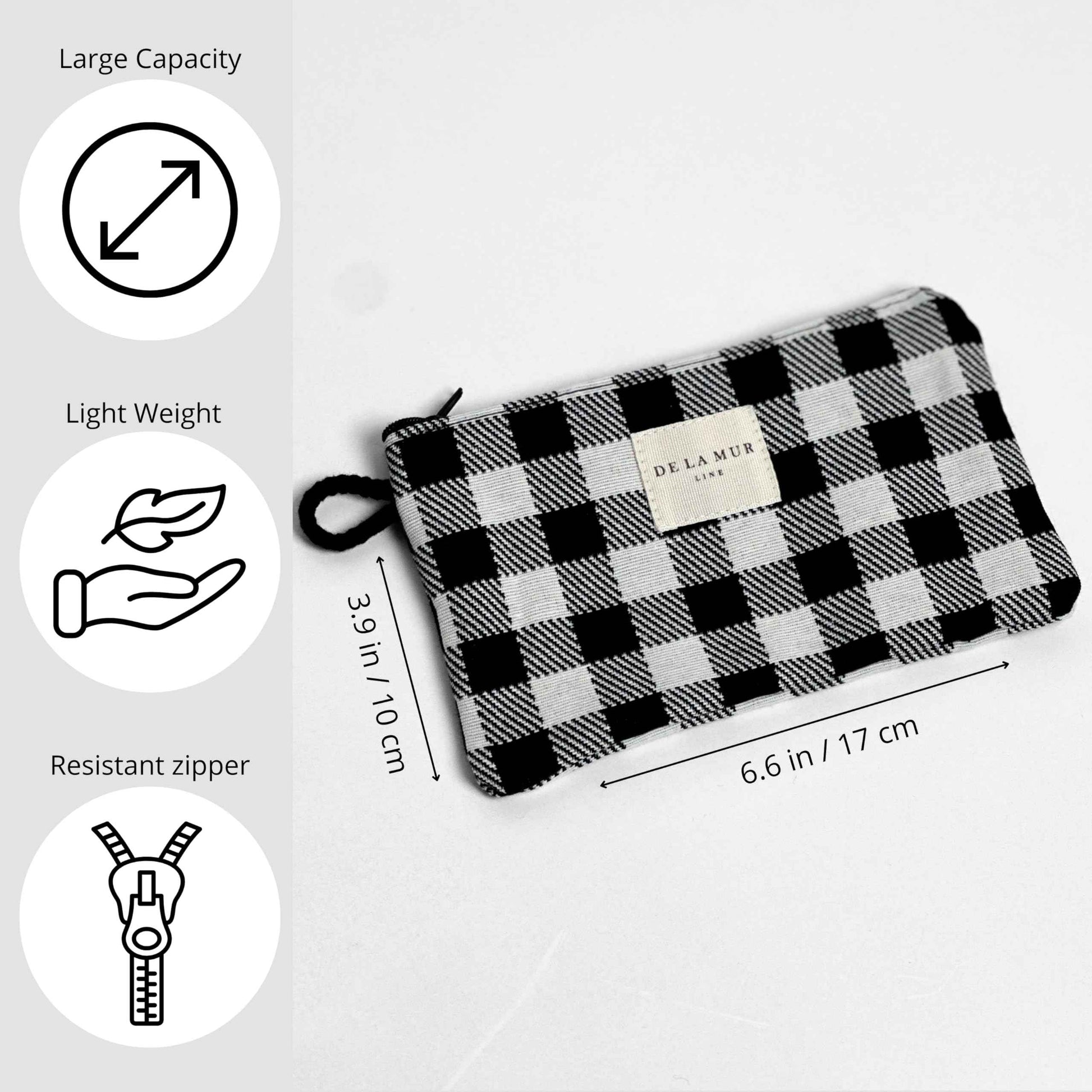 DE LA MUR LINE Medium Black & White Checkered Travel Size Toiletries Cosmetic Bag – Travel Makeup Organizer, Toiletry Bag, & Coin Purse for Women, Perfect Gifts for Travel, Made in Barcelona, Spain