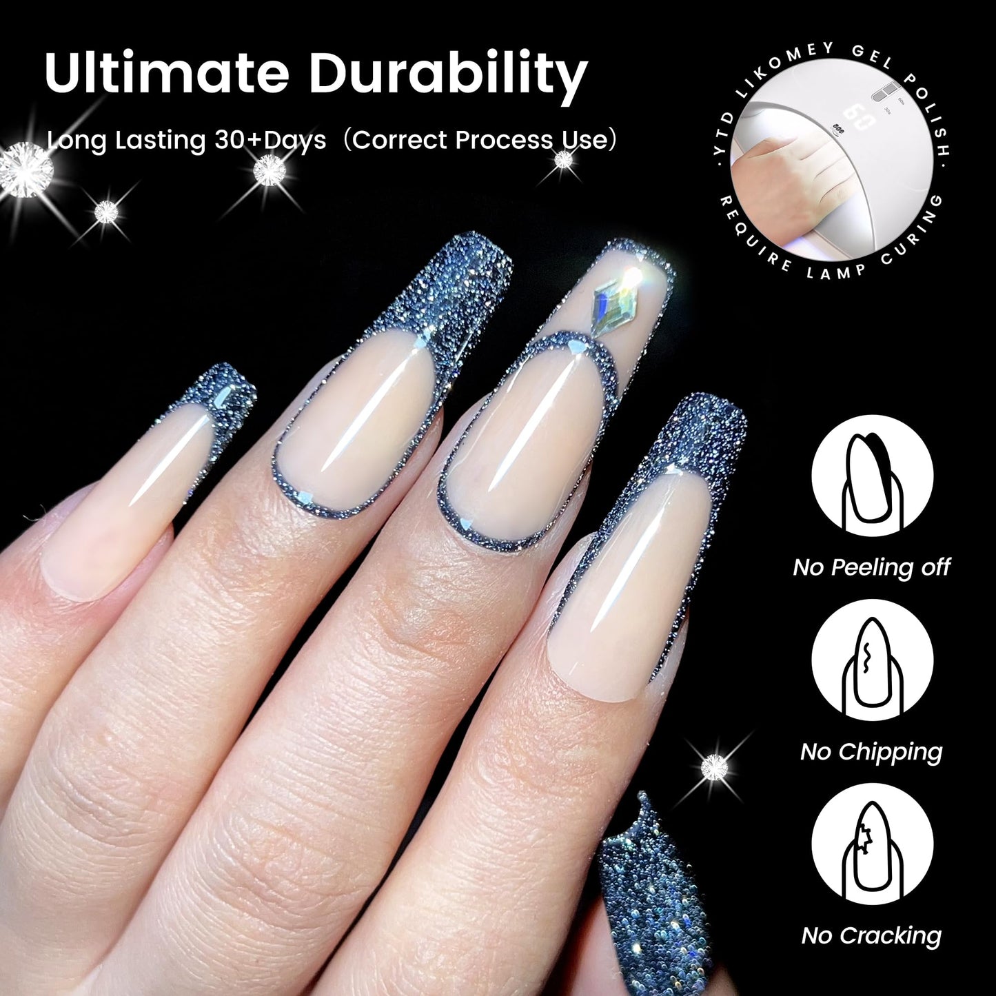 YTD Likomey Reflective Glitter Gel Nail Polish,15ml Black Flash Diamond Shimmer Nails Gel,Dark Blue Tone Black Sparkly Shiny Salon Home Nail Art Manicure UV Nail Gel,SZ010