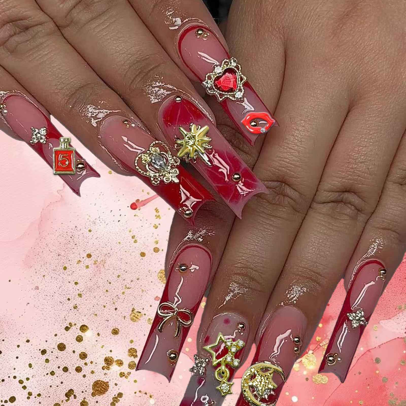 Pizadix 100 Pcs Gold Red Nail Charms Y2K with Lipsticks, Wine Bottles, Wine Cups, Lips, Tulips, Stars, High Heels, Perfume Bottle