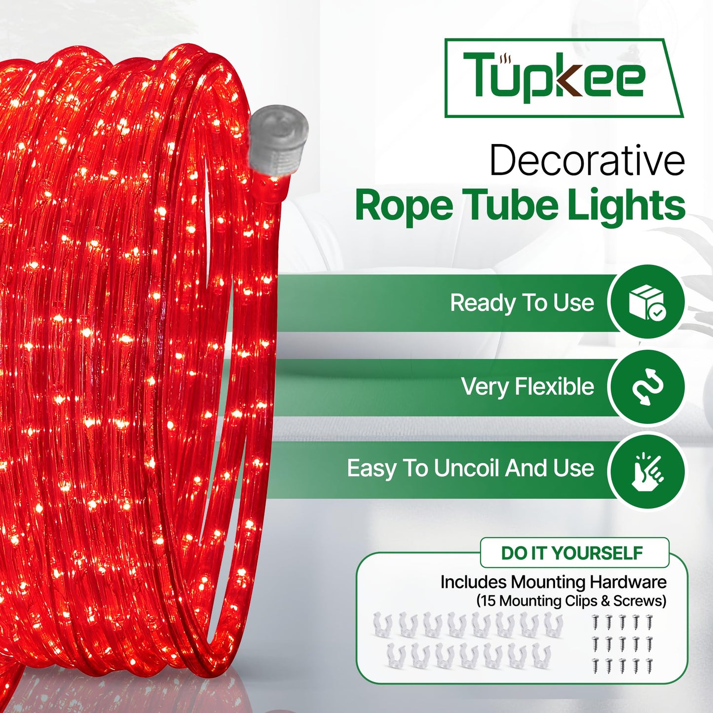 Tupkee LED Rope Light Red - for Indoor and Outdoor use, 24 Feet (7.3 m) - 10MM Diameter - 144 LED Long Life Bulbs Rope Tube Lights