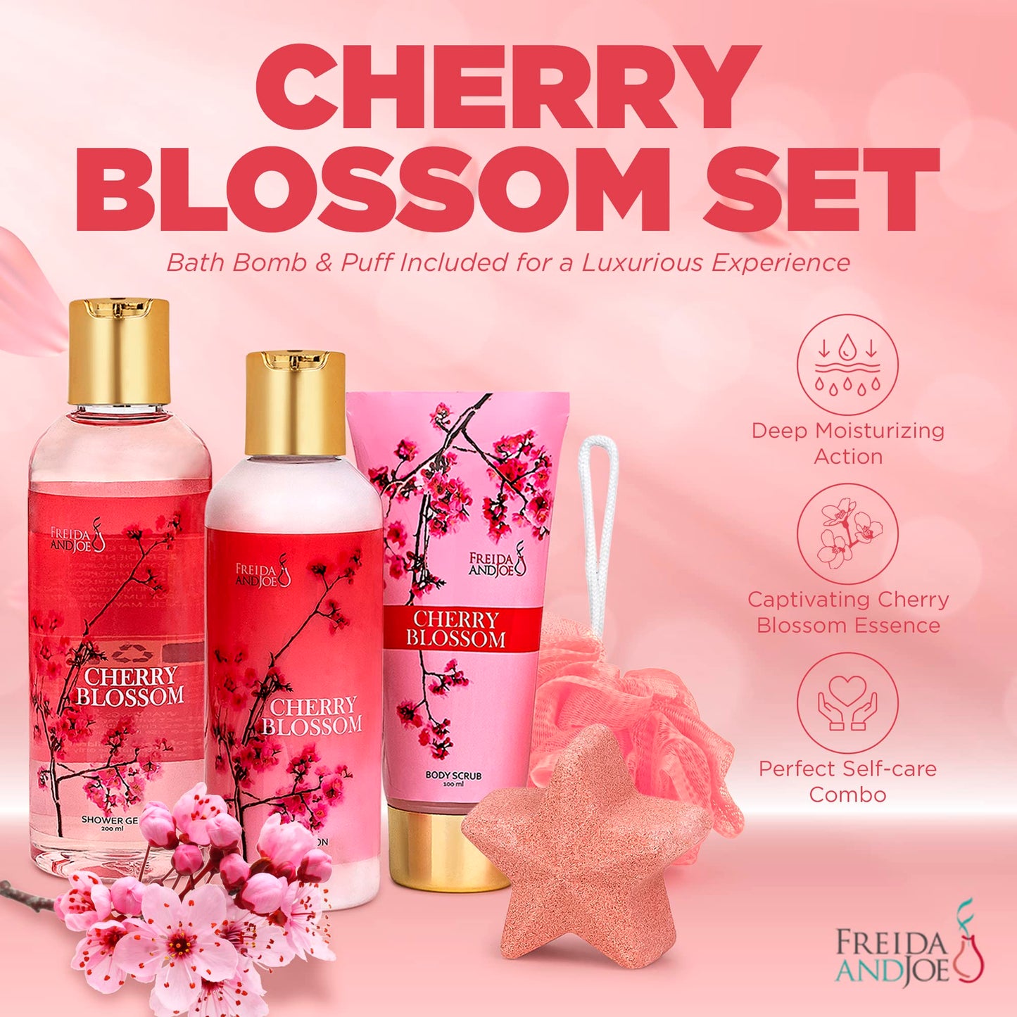 Bath and Body Gift Basket For Women – 5 Piece Set of Cherry Blossom Bath & Body Collection Gift Box, Includes Shower Gel, Body Lotion, Body Scrub, Bath Bomb & Sponge - Appreciation Gift Ideas