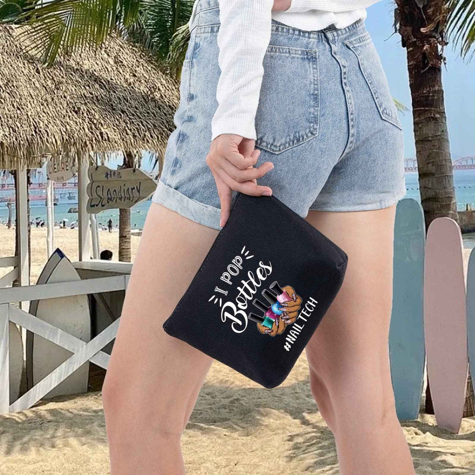 LEVLO Nail Technician Cosmetic Bag Manicurist Nail Tech Gift I Pop Bottles Nail Tech Make up Zipper Pouch Bag Nail Artist Gift (I Pop Bottles Black)