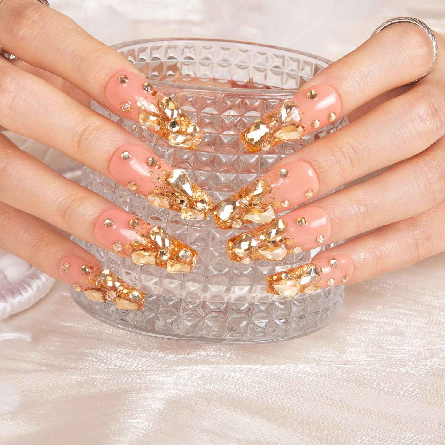 LOVFUL Press on Nails Stardust Gold Rhinestone | Handmade with Full Covered Crystals | Reusable Full Cover Nails | Coffin Classic Regular 1.3 in | H84-L