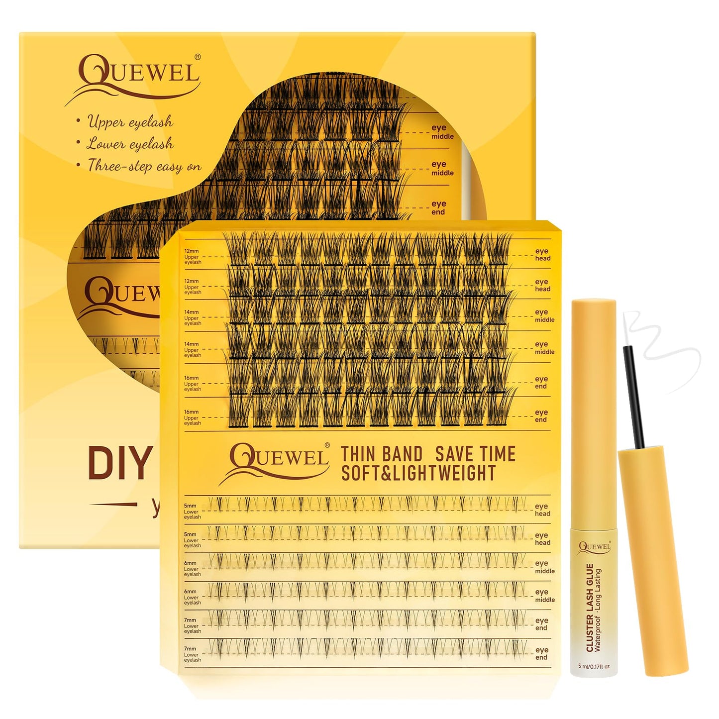 QUEWEL Cluster Lashes Kit Upper and Lower Eyelash Clusters with Long-Lasting Lash Clusters Bond, DIY Lash Extensions Can Be Completed In Three Steps, and Beginners Can Easily Use(Easy 01-MIX)