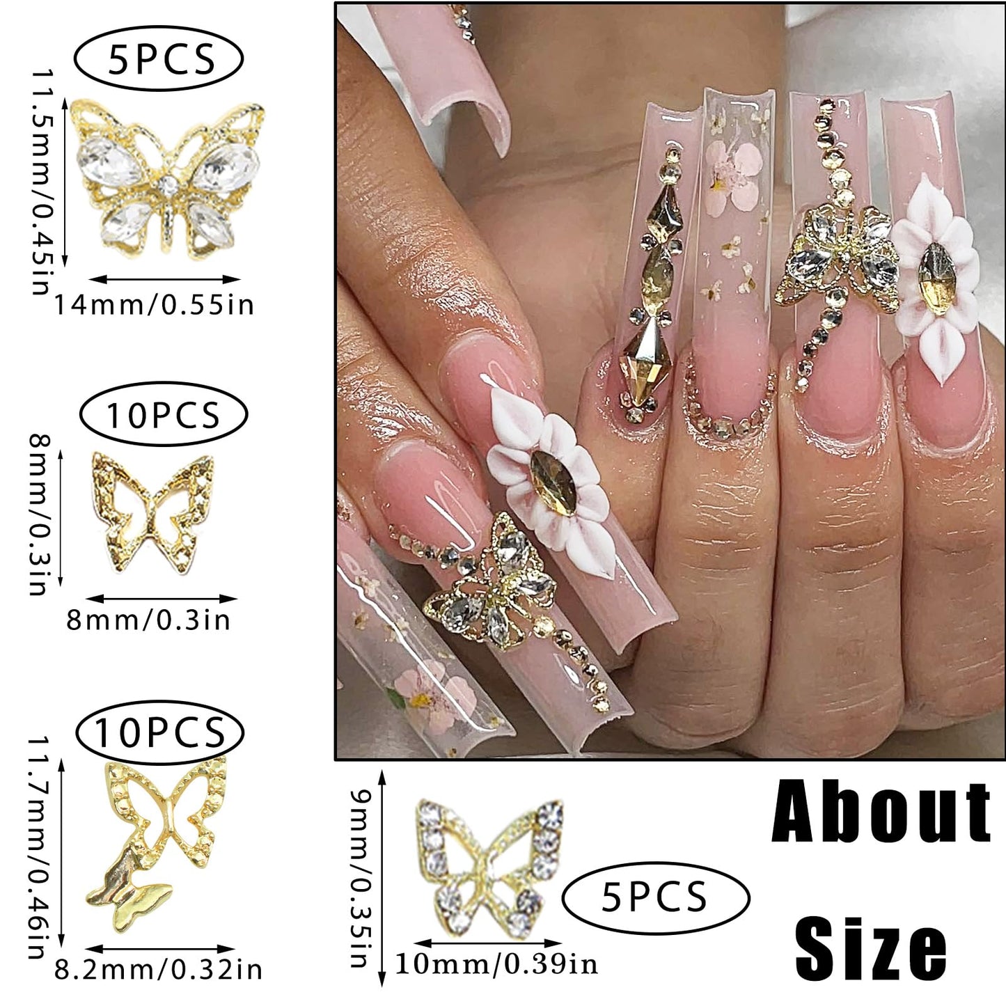 RODAKY 30PCS Butterfly Nail Charms Gold Butterflies Nail Art Jewelry 3D Butterfly Nail Gems Rhinestone for Nails Manicure DIY Accessories for Women and Girls