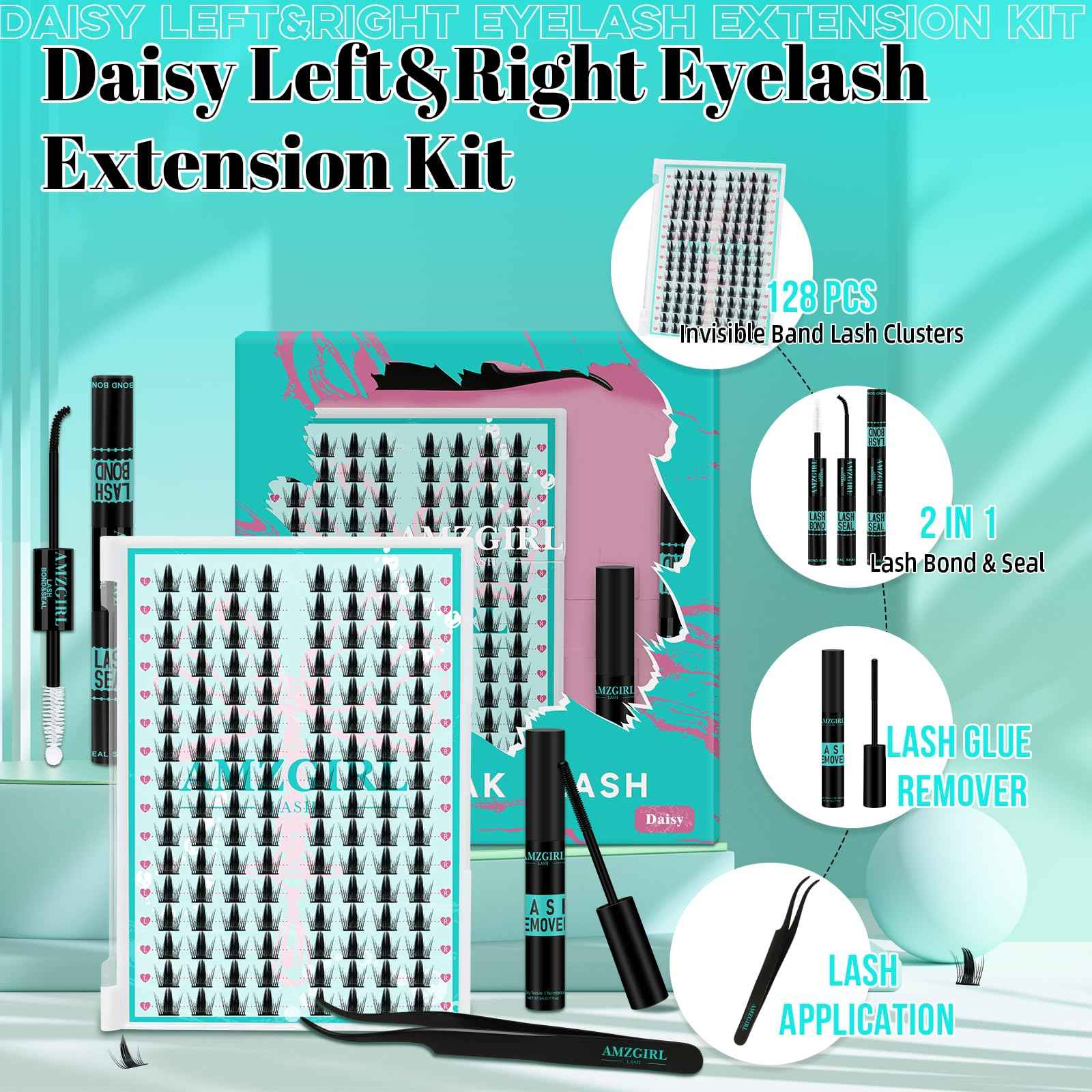 Lash Clusters Kit 128PCS Left & Right Lashes Cluster Kit with Wide Band Eyelash Clusters,White Eyelash Bond and Seal,Lash Remover and Tweezer for Cluster Eyelash Extensions(Daisy,D-12mm)