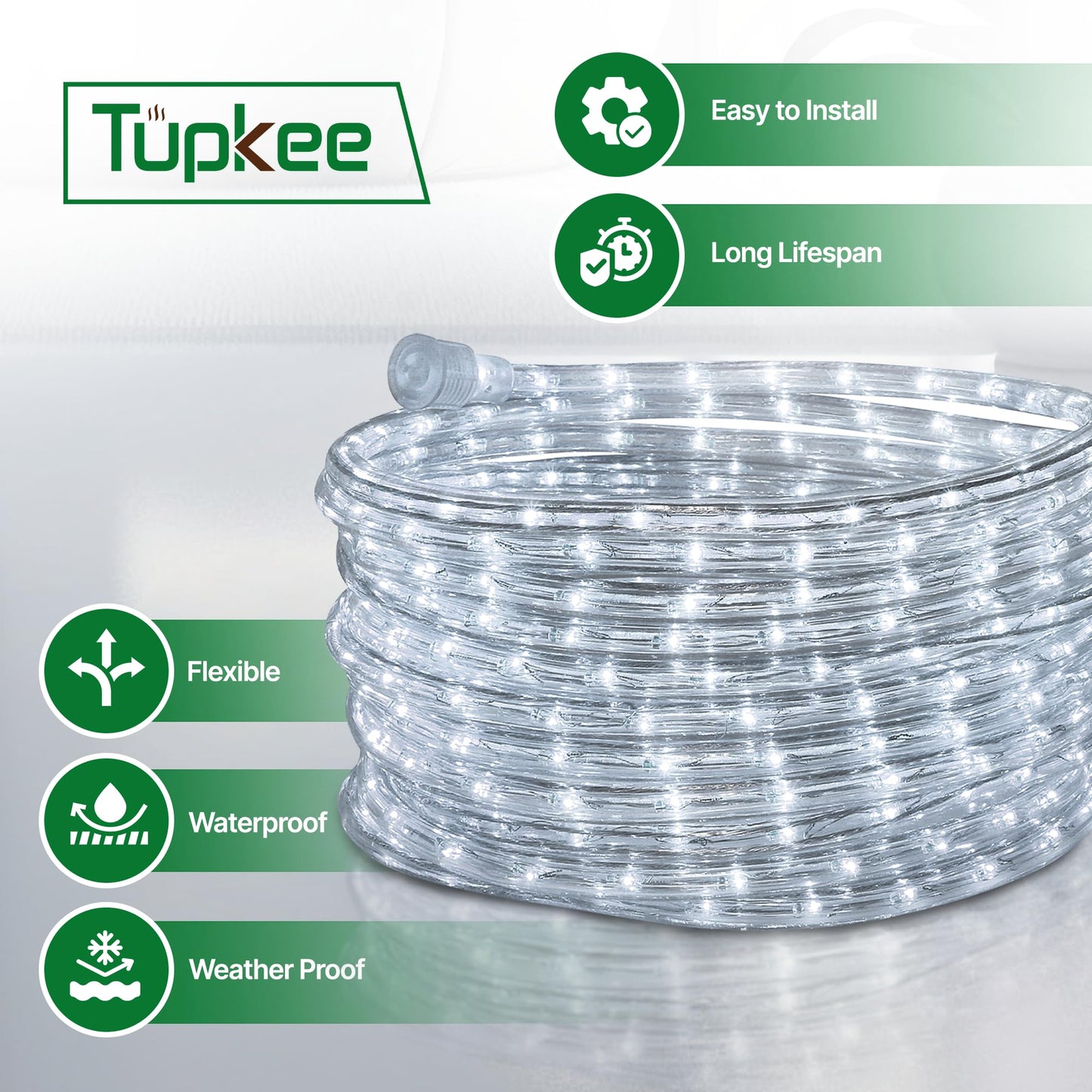 Tupkee LED Rope Light Cool-White - 24 Feet (7.3 m), for Indoor and Outdoor use - 10MM Diameter - 144 LED Long Life Bulbs Decorative Rope Tube Lights