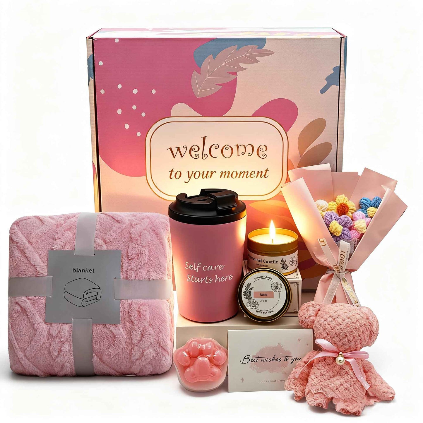 Self Care Gift Set for Women Birthday Christmas Valentine's Day Anniversary Gifts Basket for Her Bestie Girlfriend Daughter Friends Sister with Tuff Blanket, Coffee Mug, Scented Candle etc.