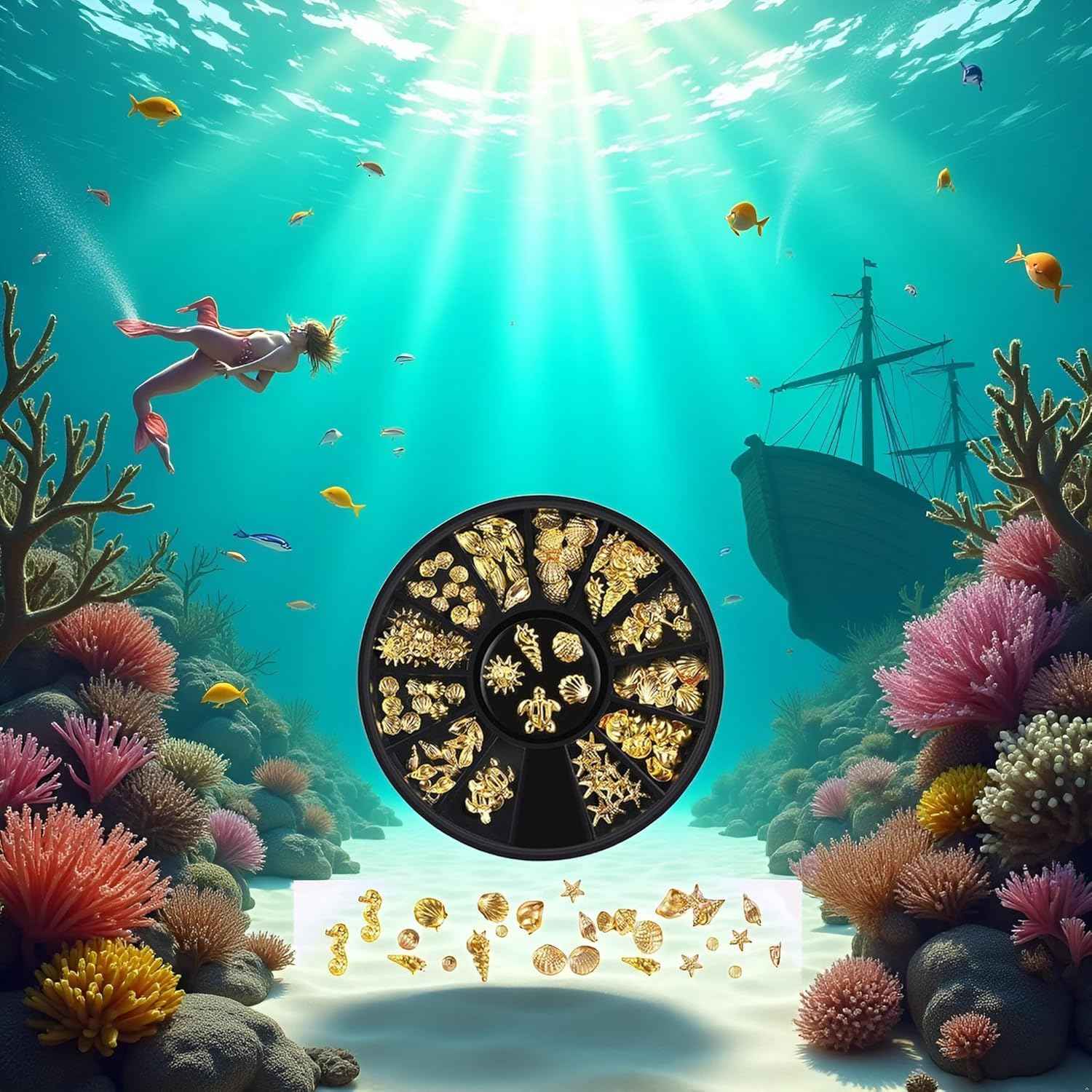 12 Styles Golds Nail Art Metal Studs Metallic 3D Pieces Rivet Palm Tree Turtles Marine Life Charms for Summer Beach Manicure DIY Acrylic Nails Design Supply Nail Art and Polish (Gold Ocean Studs)