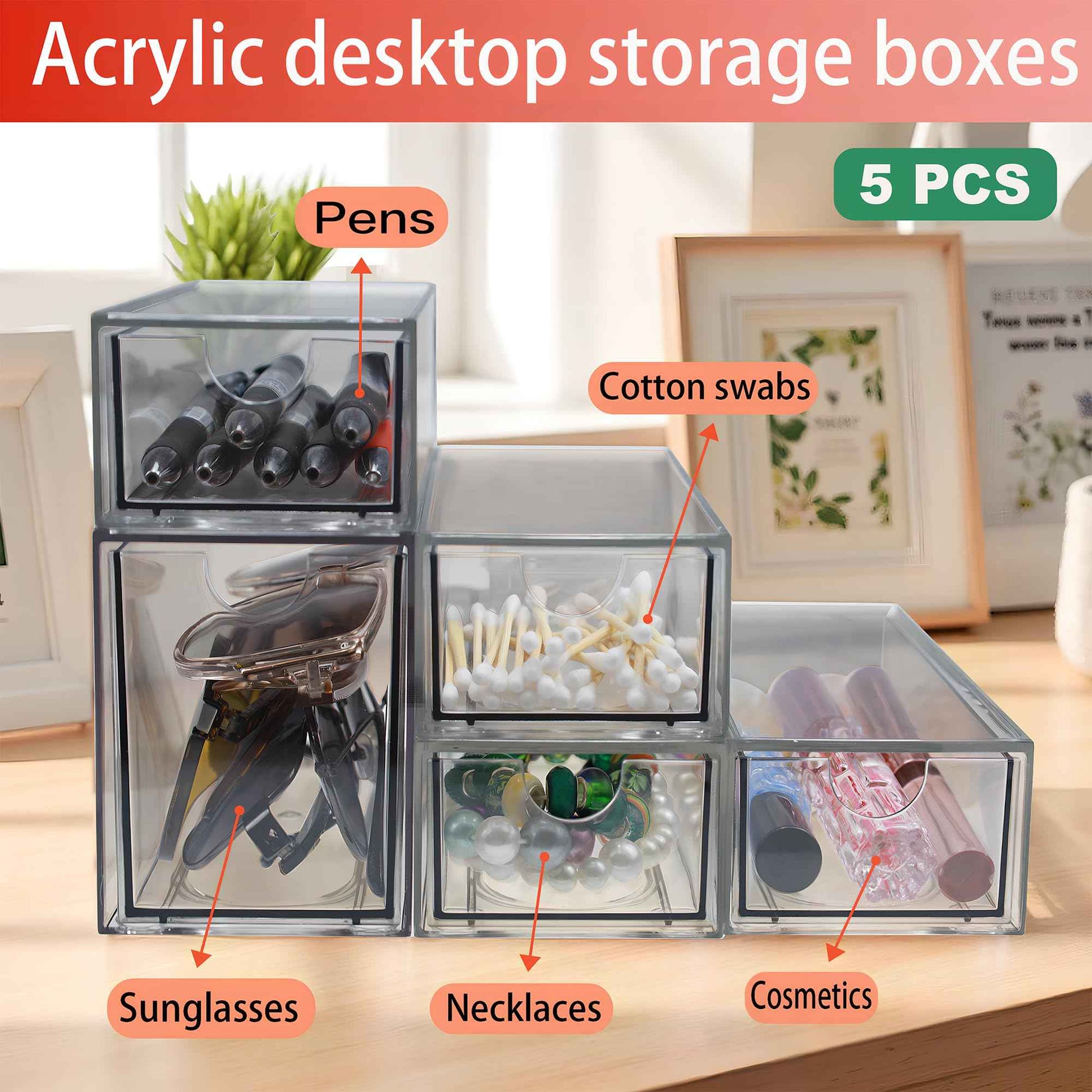 Stackable Storage Drawers Set of 5 Acrylic Storage Drawers Clear Plastic Stackable Organizer Bins for Makeup, Cosmetics,Beauty Supplies,Ideal for Vanity, Bathroom,Cabinet,Pantry Organization