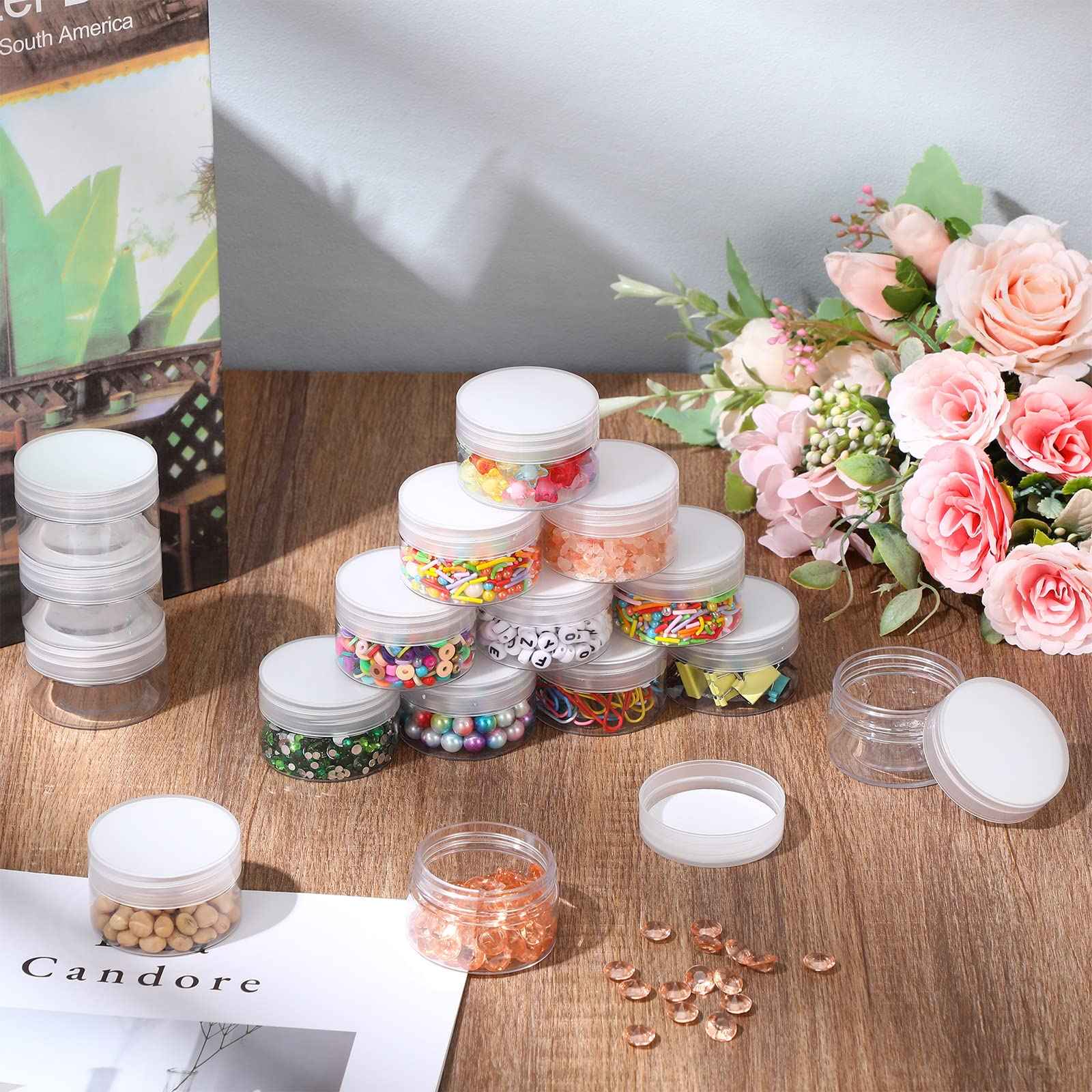 eBoot 150 Piece 1 Oz Plastic Container Jars with Lids Round Clear Cosmetic Jars Empty Clear Plastic Jars for Lotion, Cream, Ointments, Makeup, Eye Shadow, Rhinestone, Samples, Pot, Travel Storage