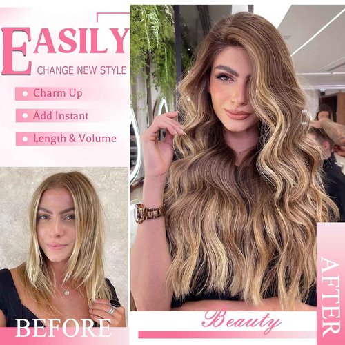 Clip in Hair Extensions Real Human Hair, Seamless Clip ins Real Human Hair for Women, Balayage Remy Human Hair Clip in Extensions, Double Weft 8pcs 16 inch Chocolate Brown to Caramel Blonde