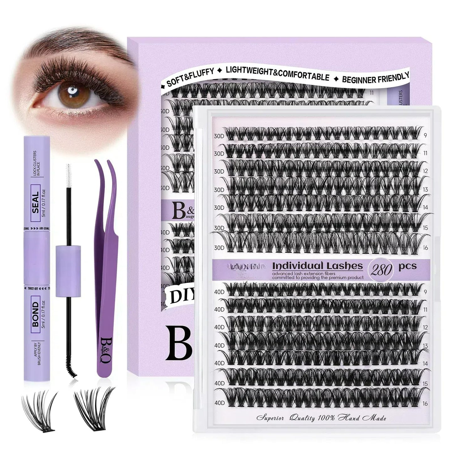 DIY Lash Extension Kit 280pcs Individual Lashes Cluster D Curl Eyelash Extension Kit Lash Clusters with Lash Bond and Seal and Lash Applicator Tool for Self Application (KIT,30D+40D-9-16MIX)