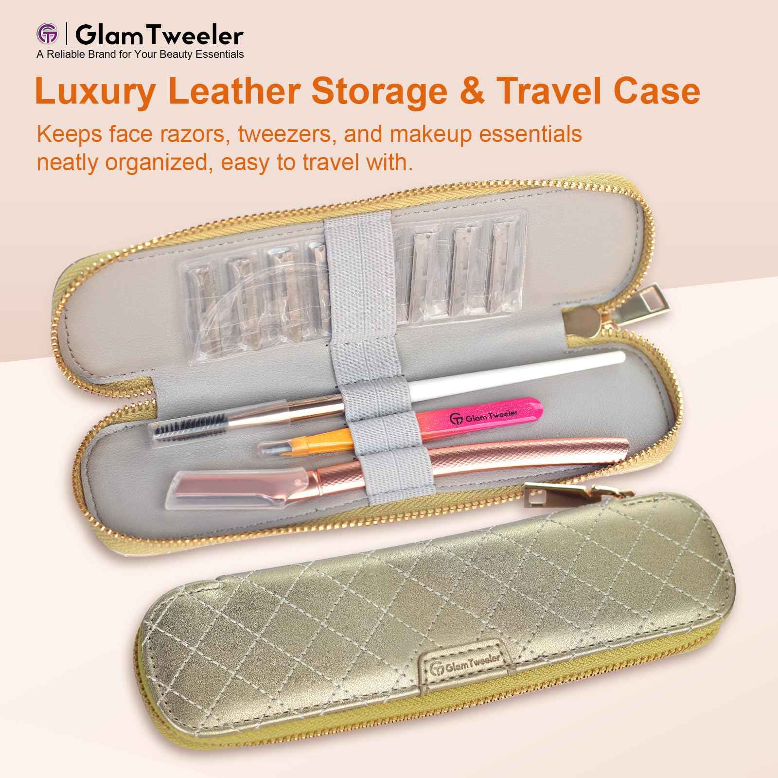 Women's Dermaplane Face & Eyebrow Razor Kit with GlamTweeler Slant Tweezers, Spoolie Brush, and Luxury Leather Storage & Travel Case + 10 Refill Blades (Rose Gold)