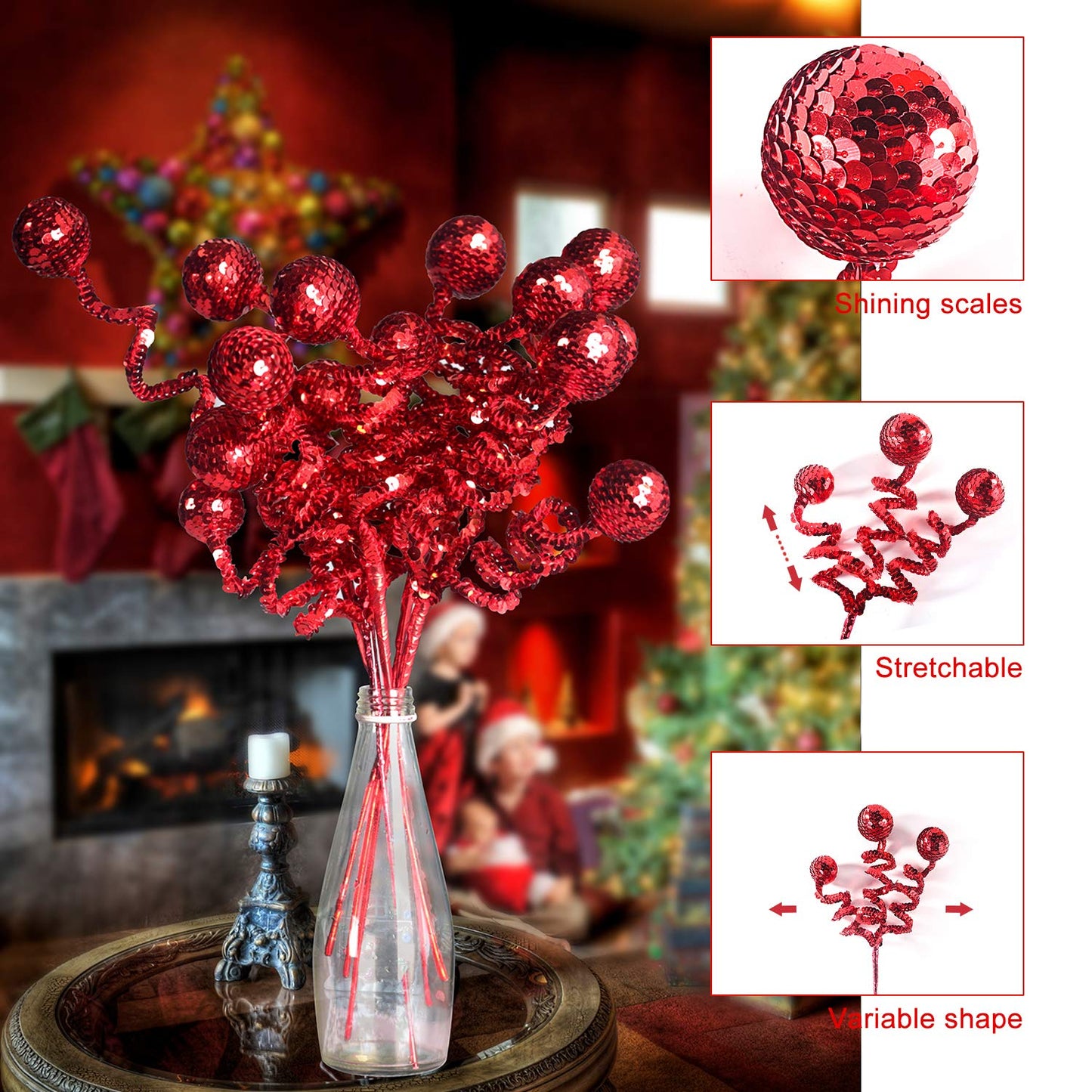 ZHANYIGY 6PC Set Red Christmas Tree Decoration Sequins Ball Curly Pick, Christmas Tree Decorations Christmas Tree Topper Star Home Office Perfect Party Decorations Gifts