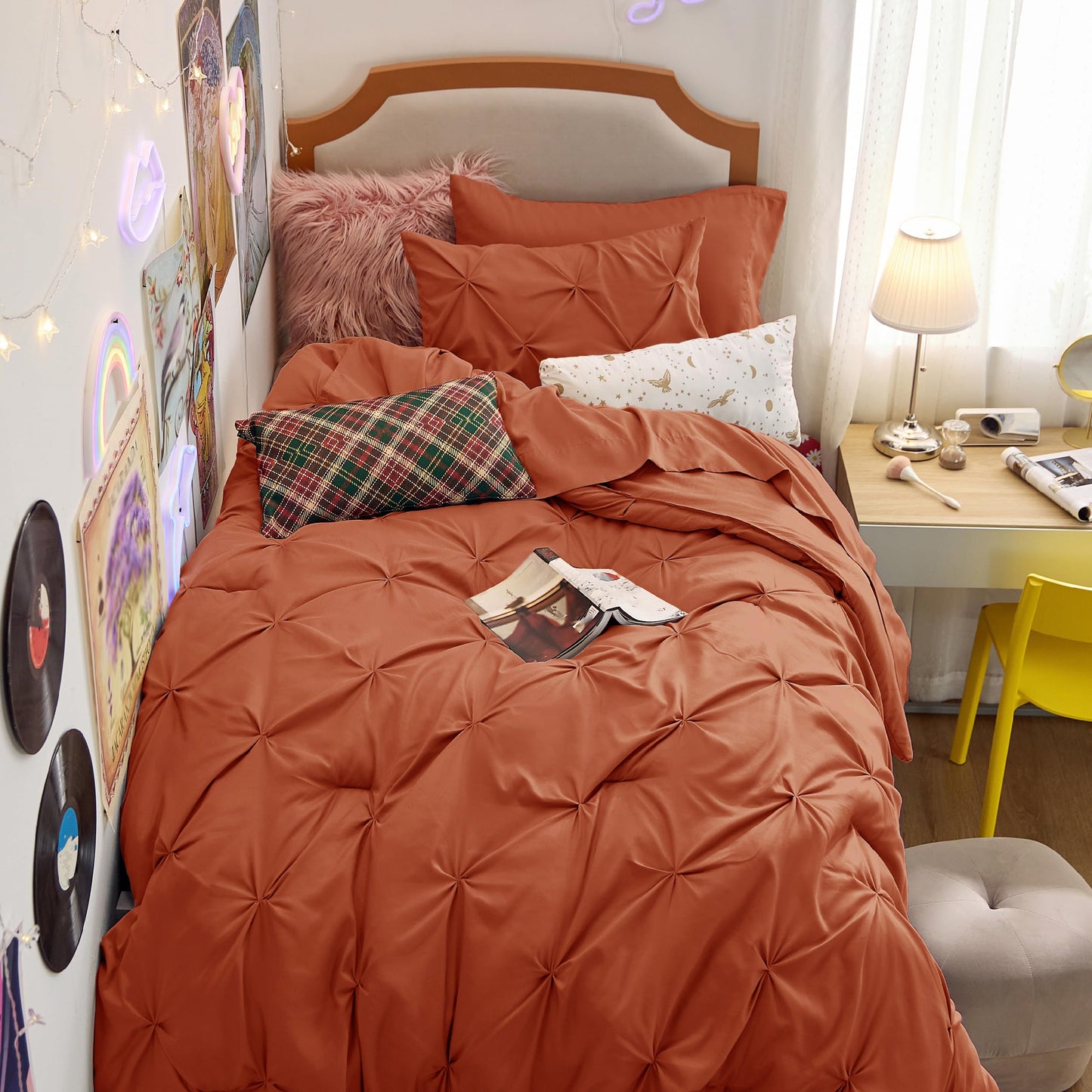 Bedsure Twin Size Comforter Sets - 5 Pieces Pintuck Bed Set Twin Size, Orange Twin Size Bed in a Bag with Comforter, Sheets, Pillowcase & Sham