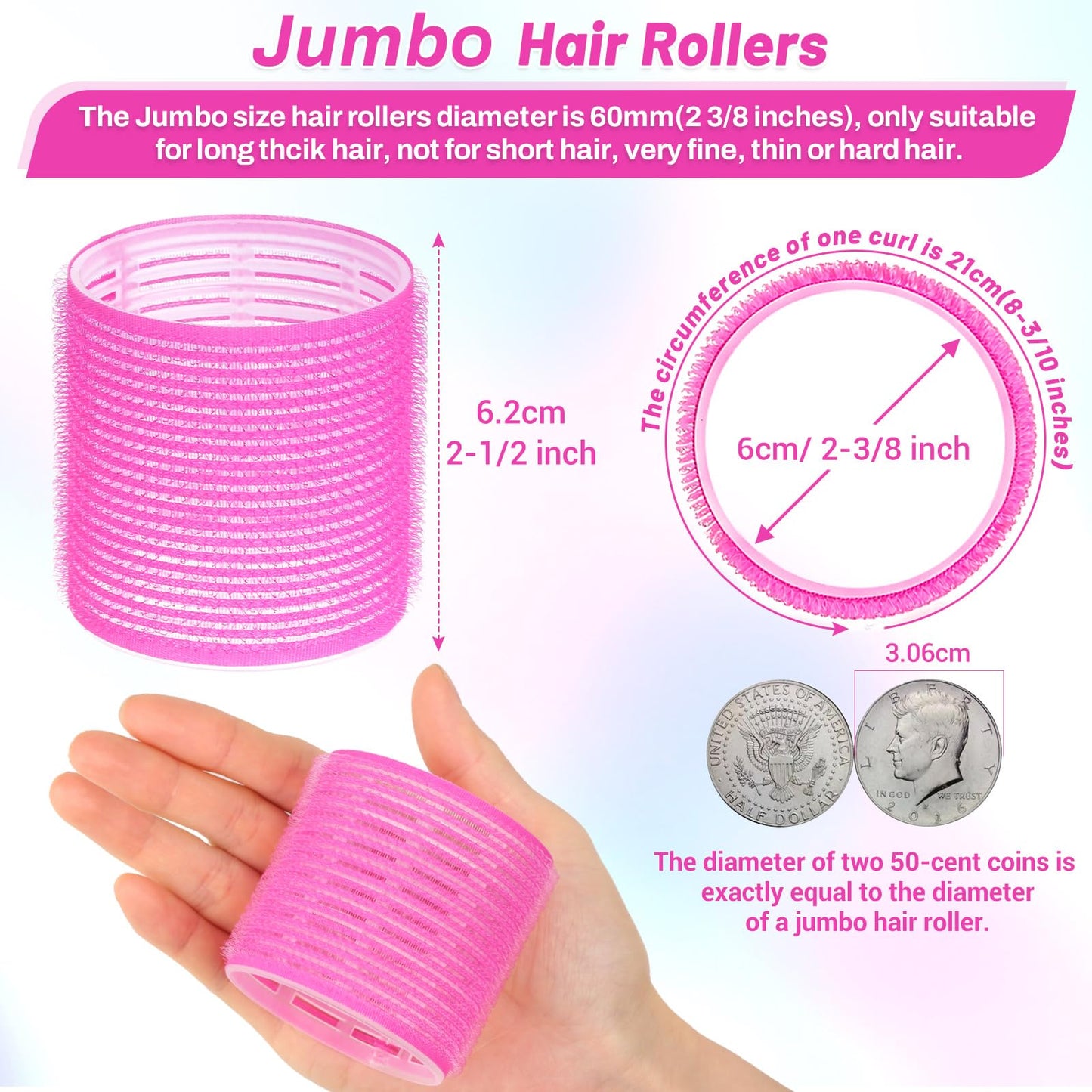 Jumbo Hair Curlers Rollers, 12Pcs 60mm Jumbo Hair Roller Curlers Self Grip Holding Rollers with 12Pcs Hair Clips for Long Thick Hair (Rose Red)