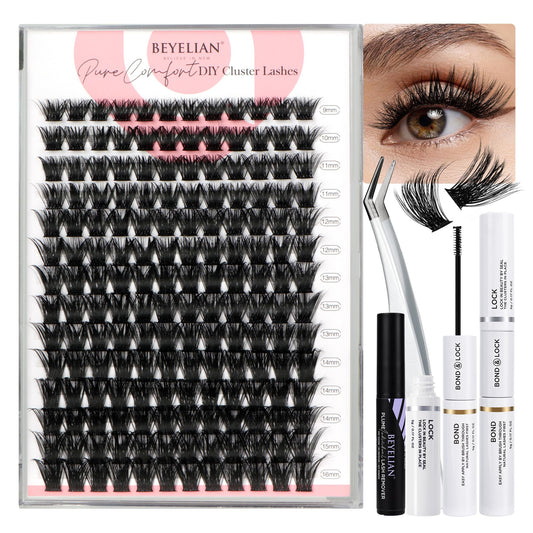 BEYELIAN Lash Extension Kit 168 Pcs Lash Clusters D Curl 10-16mm Lash Clusters Kit with Lash Bond and Seal and Remover Dense Look DIY Lash Kit Easy to Apply at Home (56D,Black)