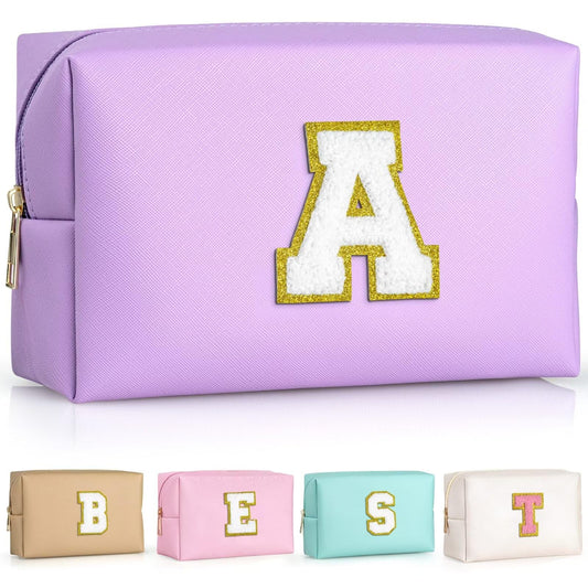 TOPEAST Preppy Makeup Bag, Personalized Initial Bags with Zipper, Cute Makeup Pouch, PU Leather Waterproof Cosmetic Bag, Birthday Gift For Daughter, Preppy Things For Teen Girls (Purple A)